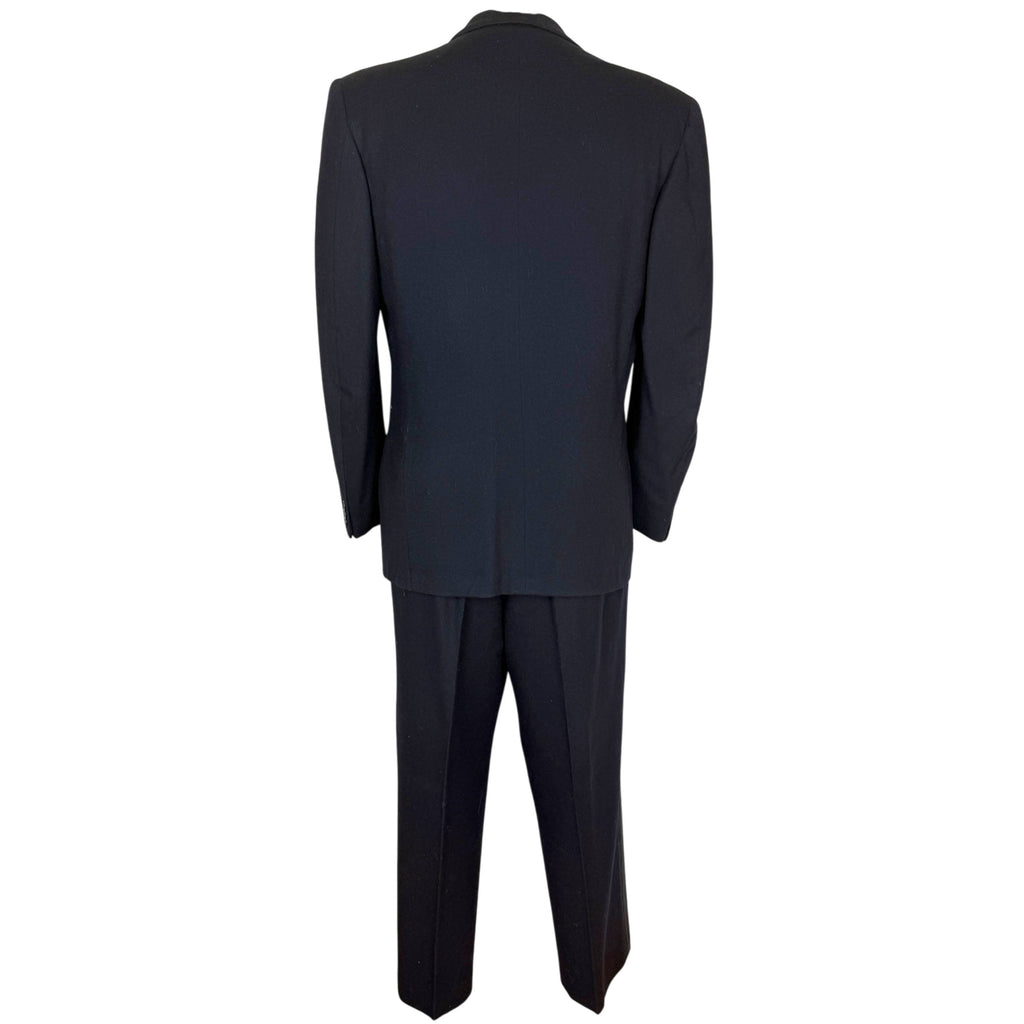 Back view of 1940s double breasted navy tuxedo with black peak lapels