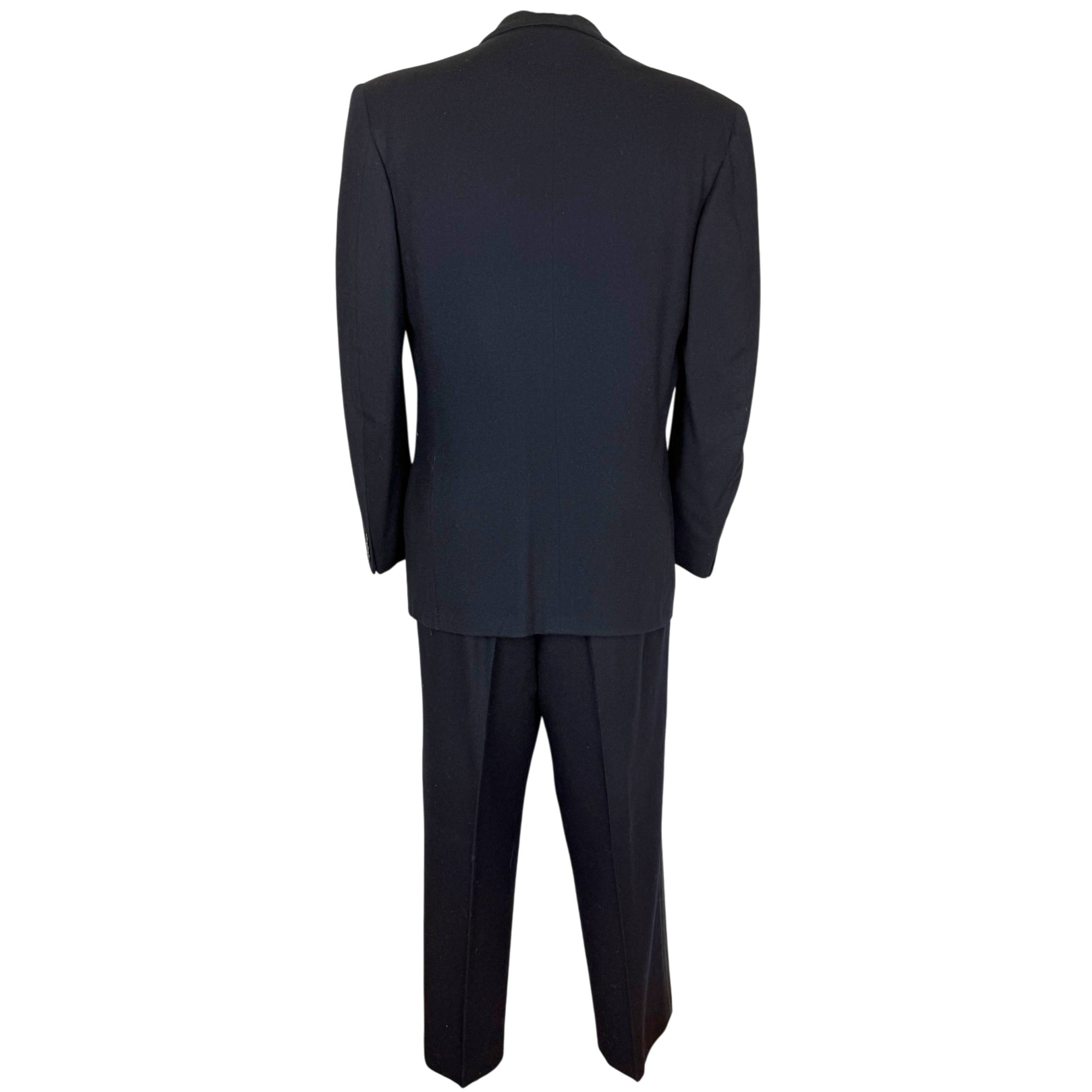 Back view of 1940s double breasted navy tuxedo with black peak lapels