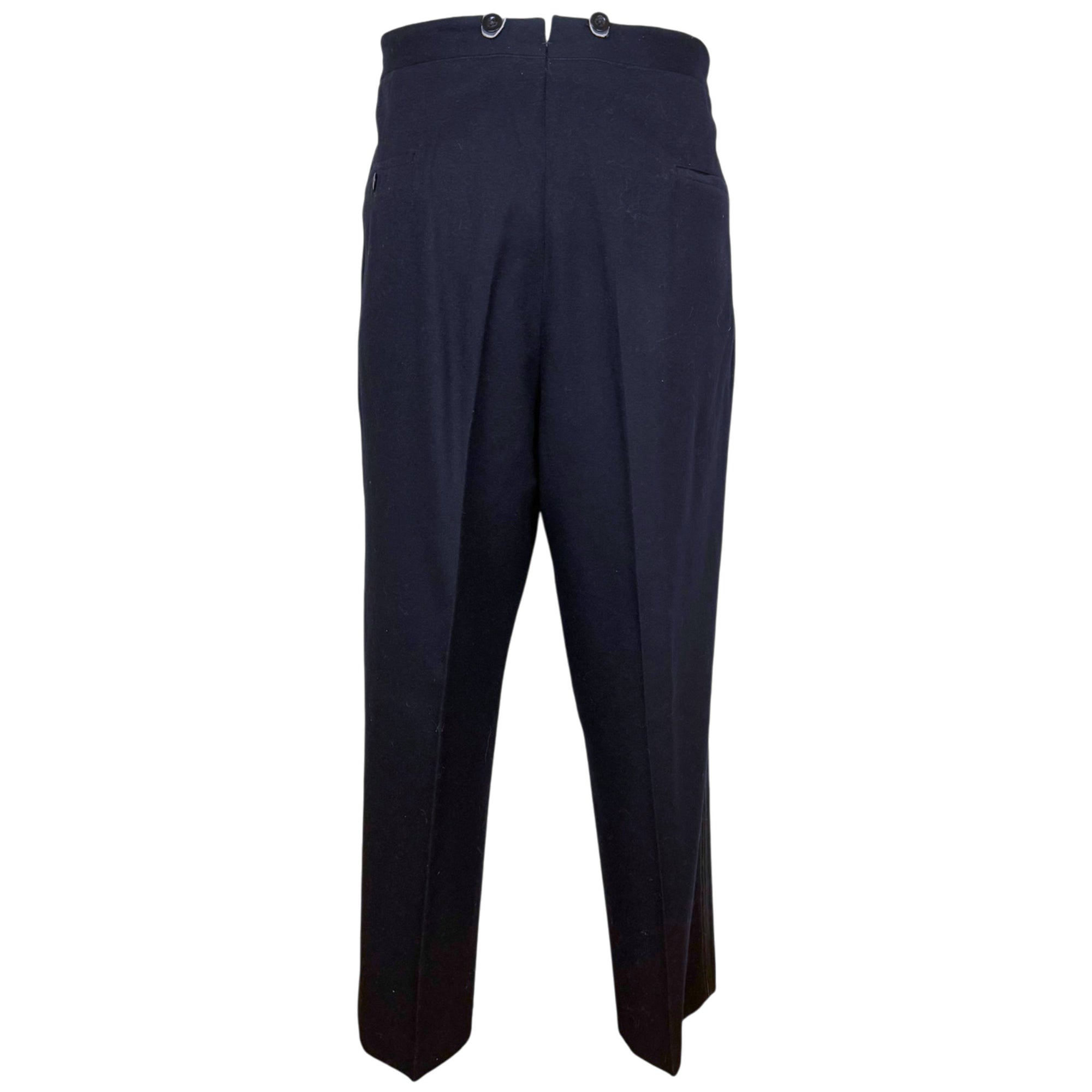 back view of matching high-waisted pleated tuxedo trousers