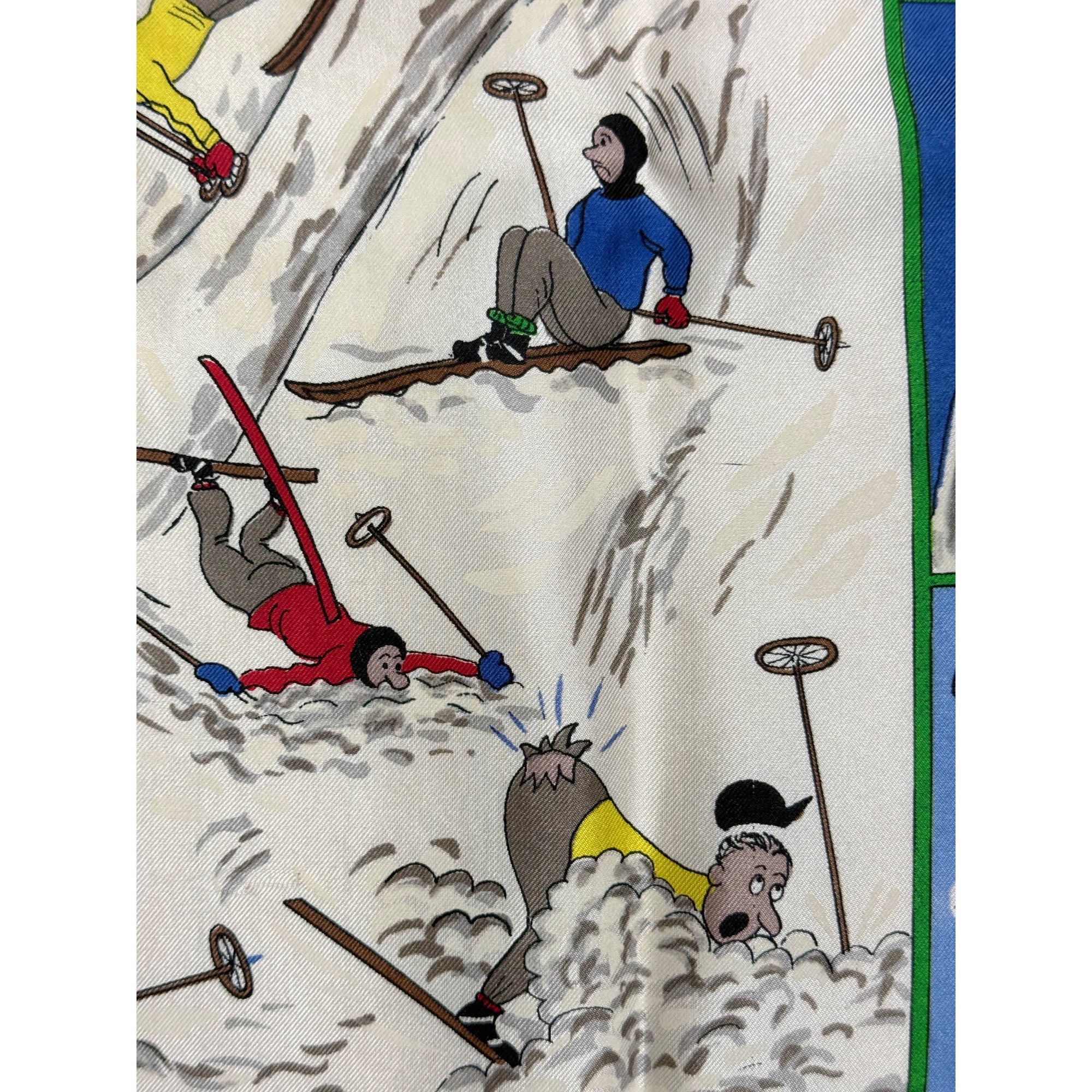 vintage scarf featuring cartoon-style illustration of skiers in a avalanche