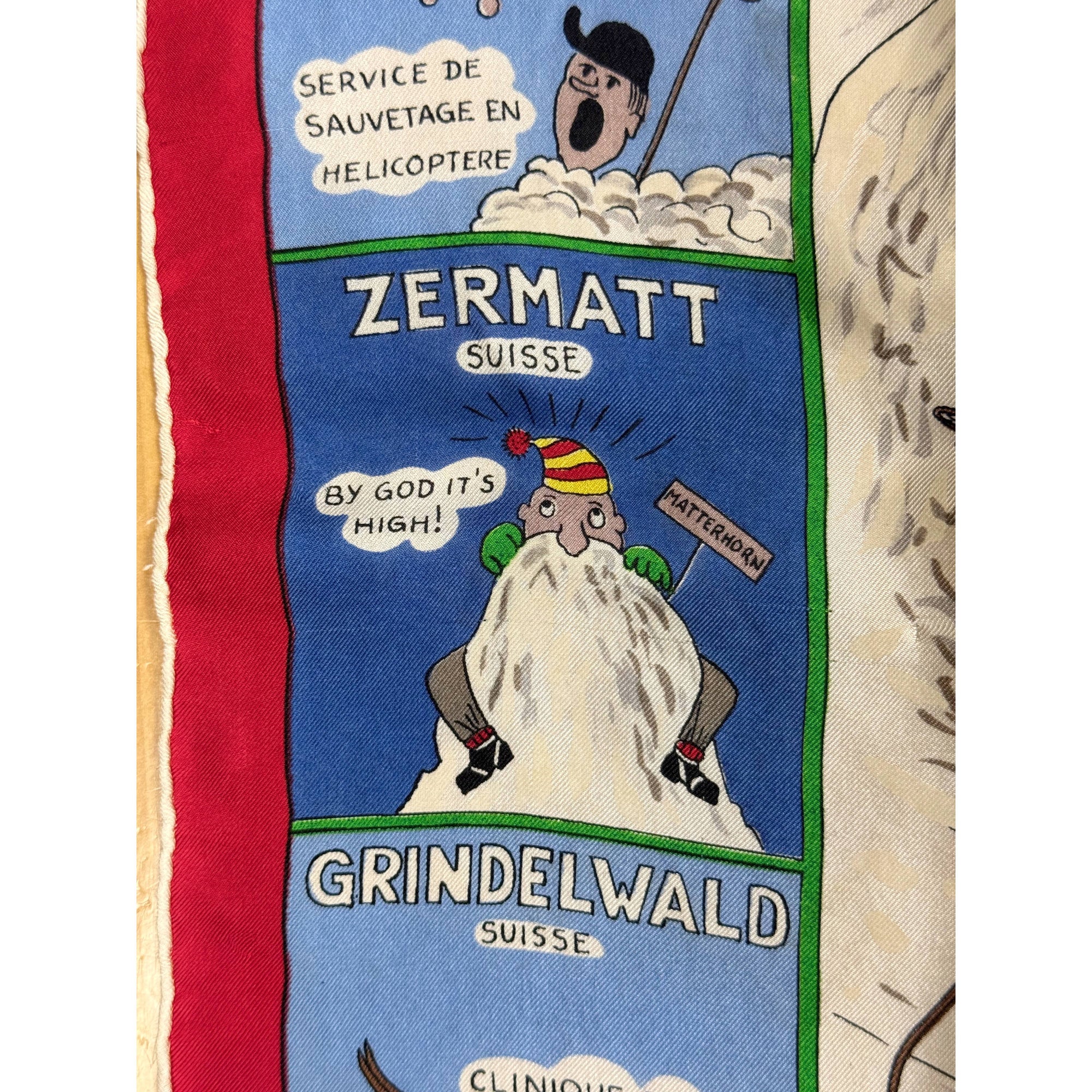 Vintage silk scarf showing Swiss French and Italian ski resorts