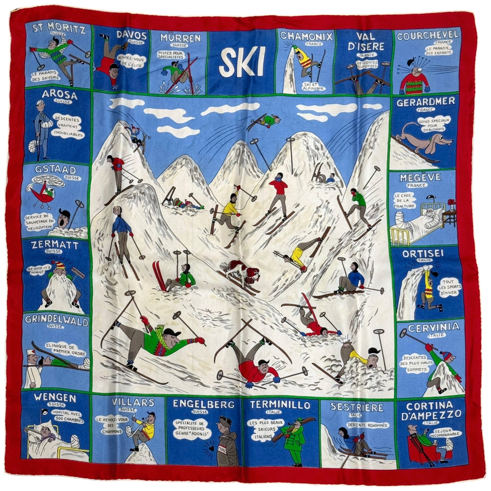 Vintage silk ski scarf with humorous alpine resort print