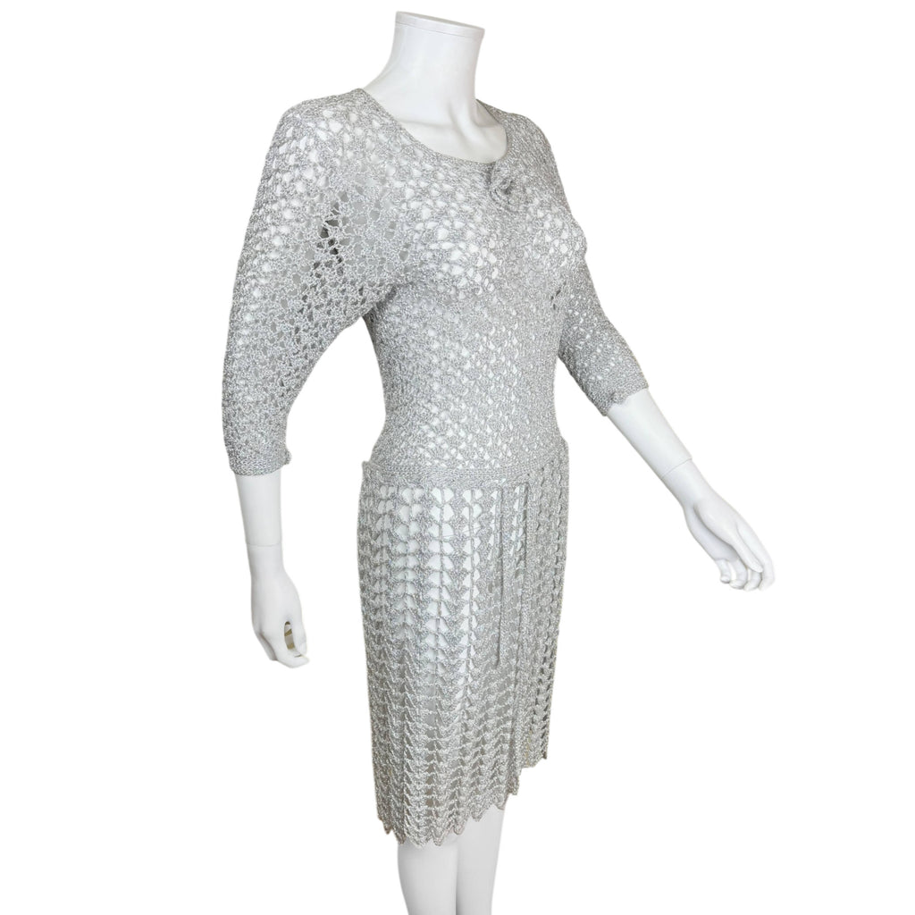 rignt side view of vintage 1960s silver metallic crochet dress
