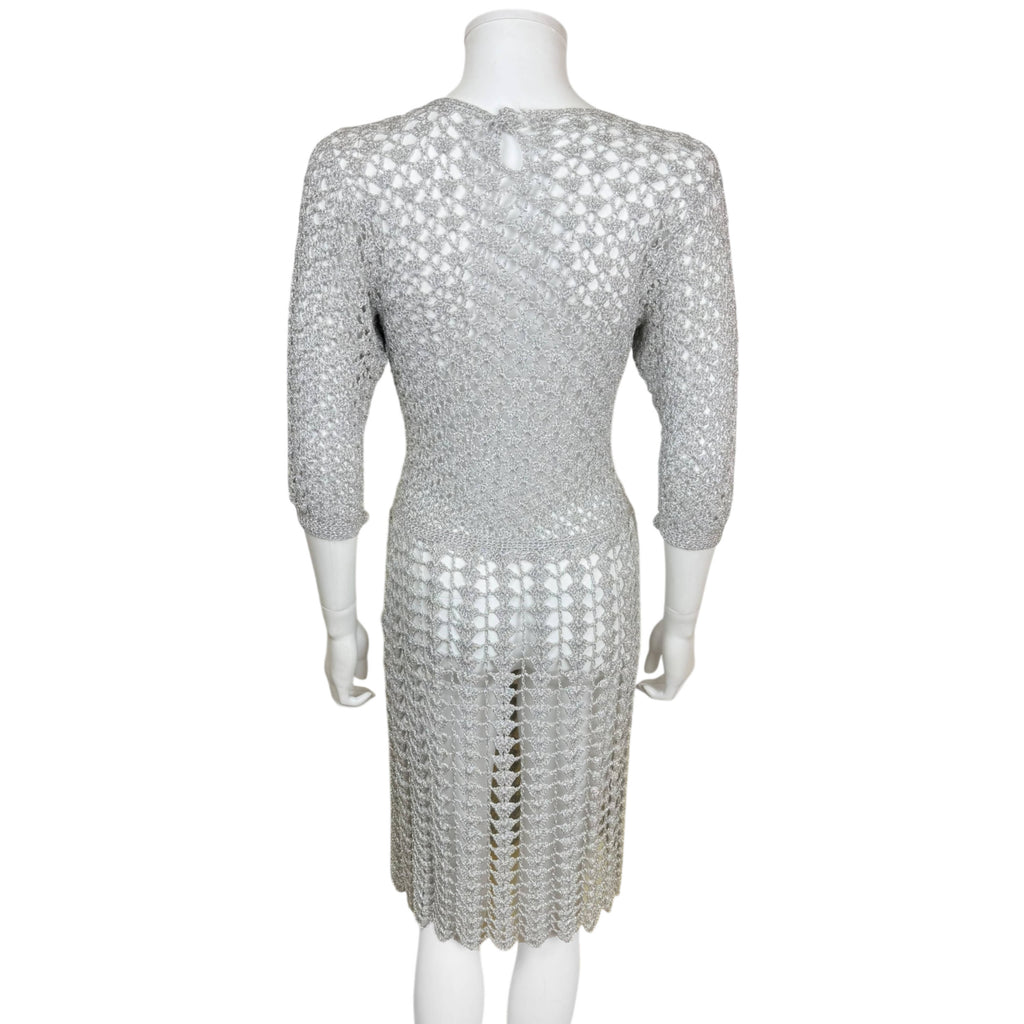 back view of vintage 1960s silver metallic crochet dress