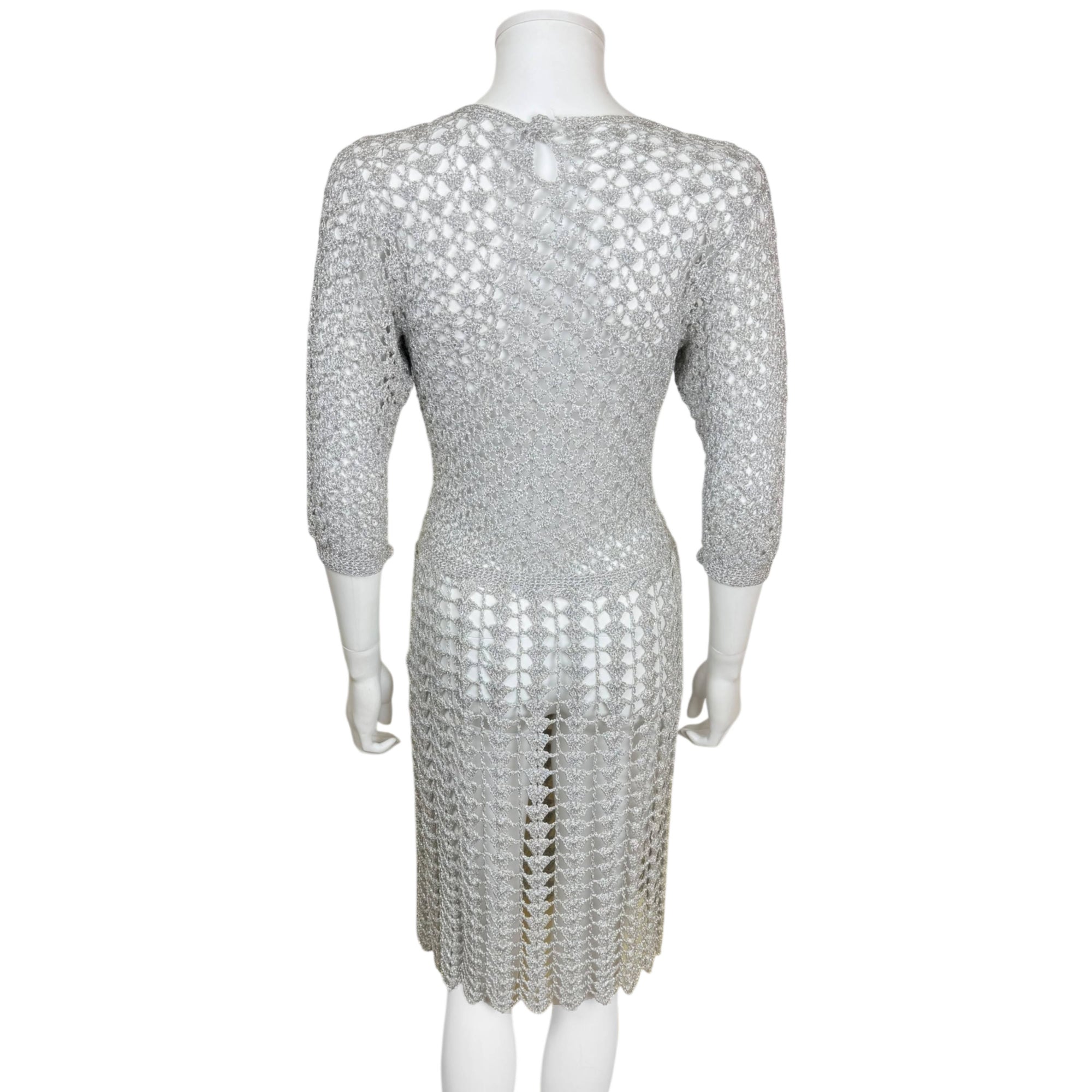 back view of vintage 1960s silver metallic crochet dress