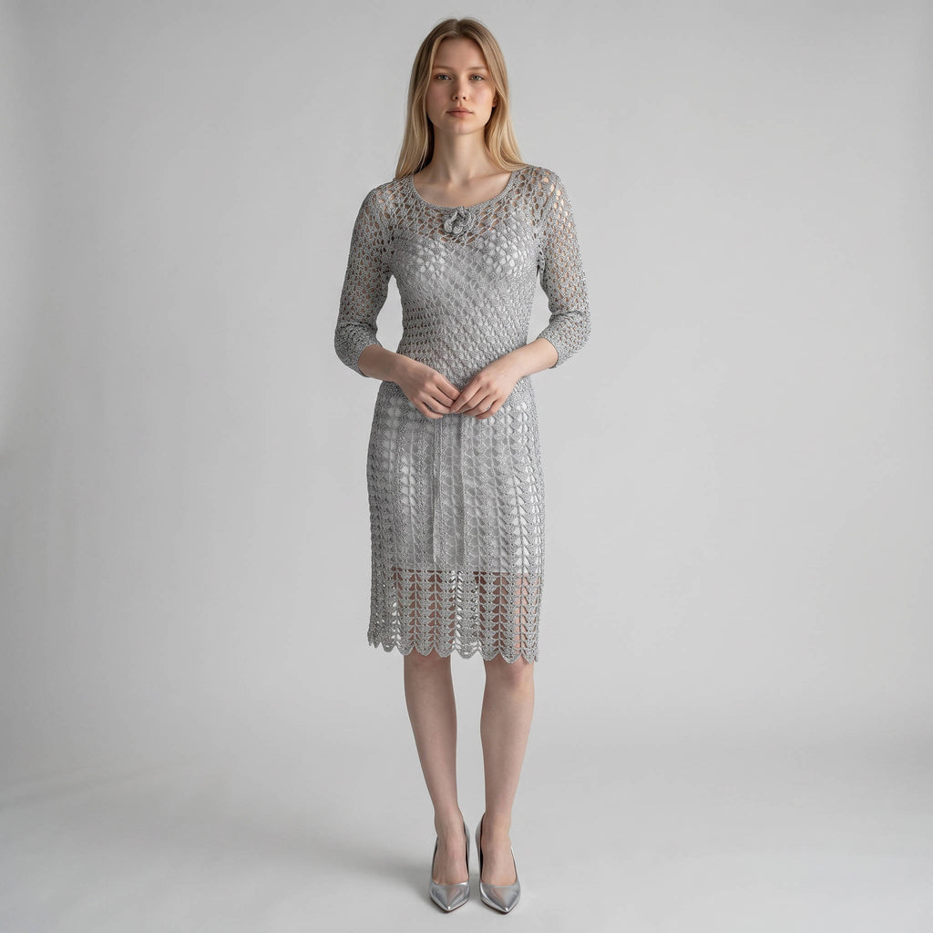 Vintage 1960s Silver Metallic Crochet Dress Open Knit Medium – Poppy's Vintage Clothing