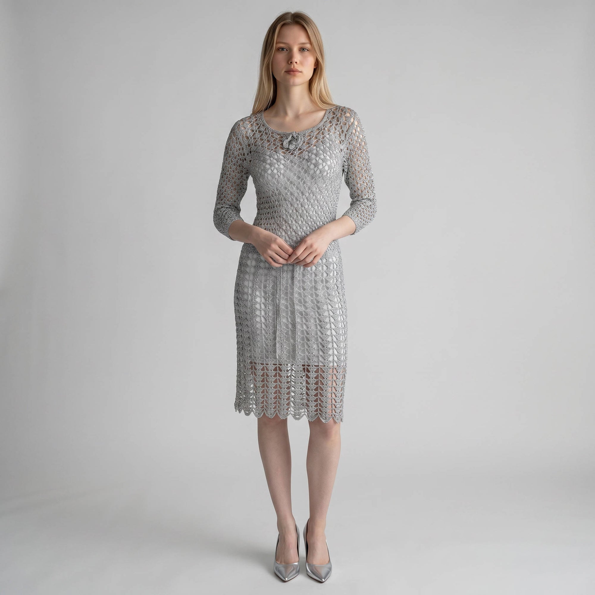 Vintage 1960s Silver Metallic Crochet Dress Open Knit Medium Vintage 1960s Silver Metallic Crochet Dress Open Knit Medium