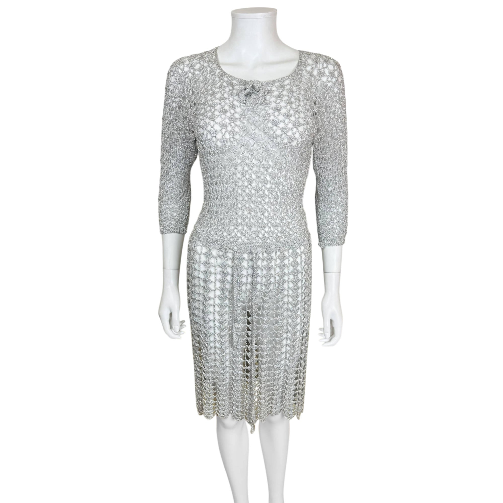 vintage 1960s silver metallic crochet dress front view