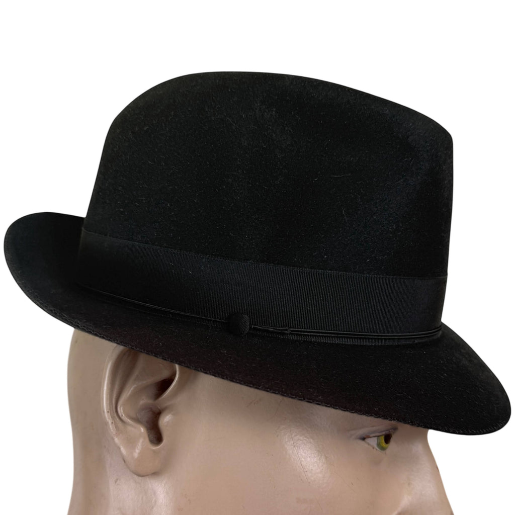 Side profile of black Borsalino fur felt hat with whipcord ribbon