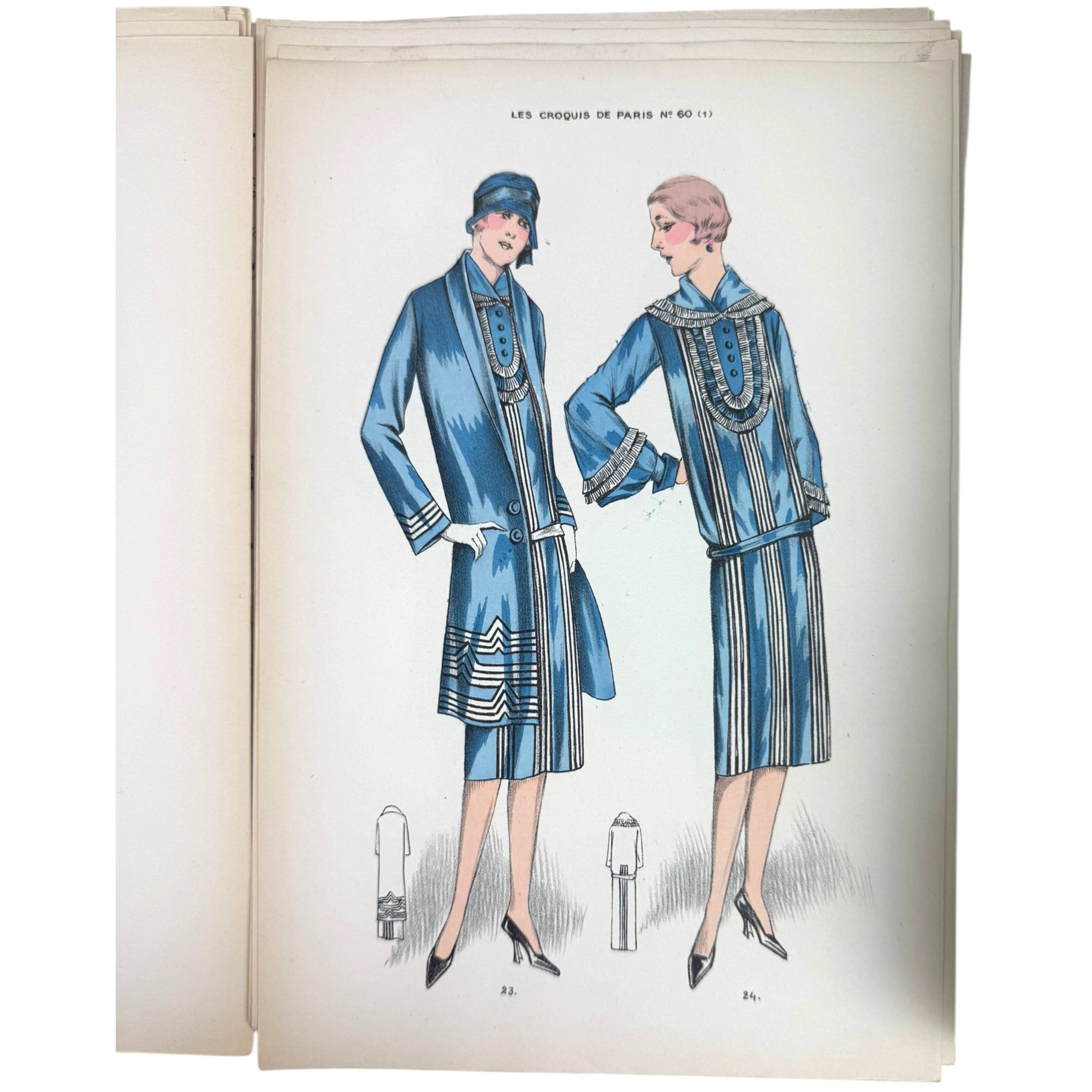 1926 Paris Fashion Sketches 19 Colour Lithograph Plates w Description Sheet