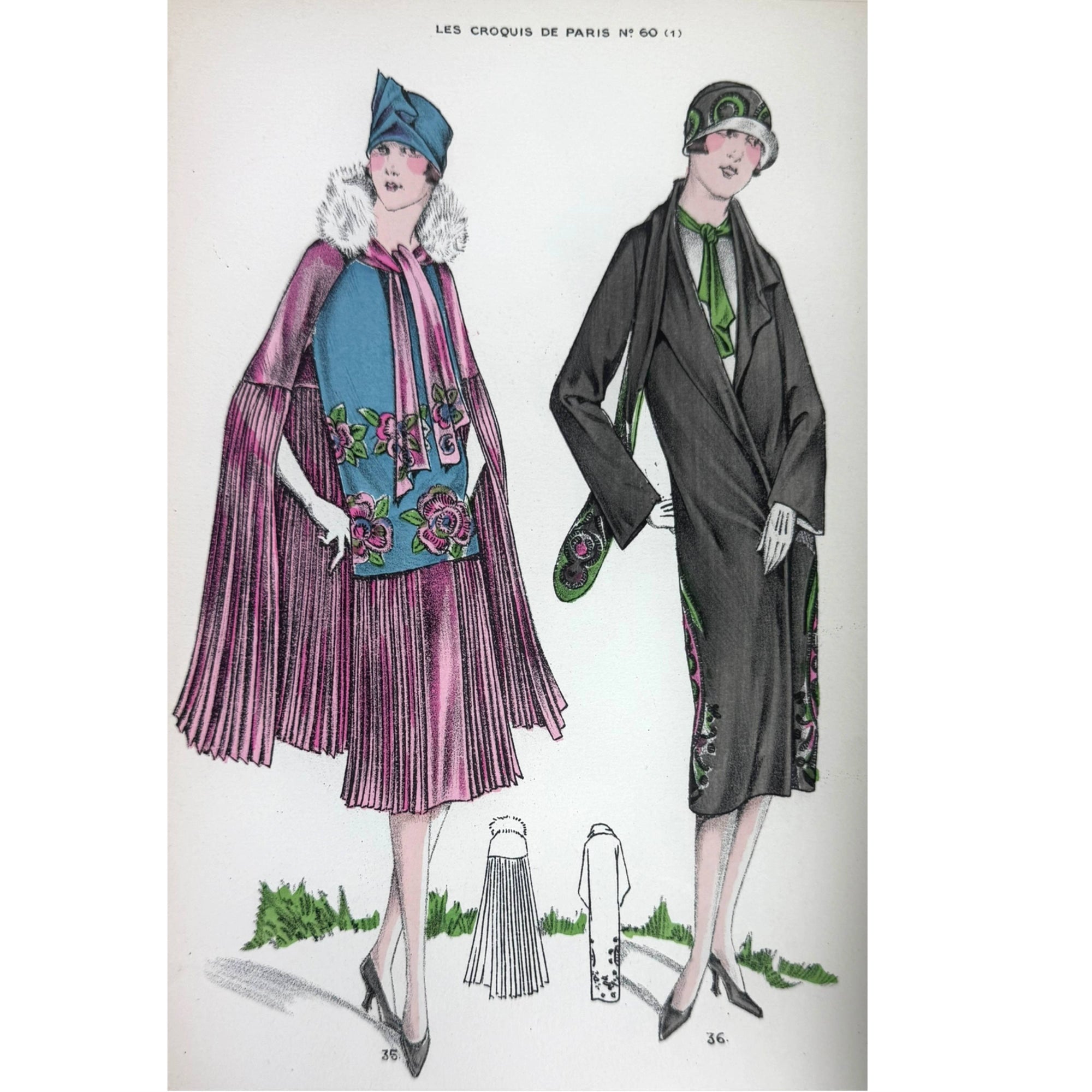 1926 Paris Fashion Sketches 19 Colour Lithograph Plates w Description Sheet