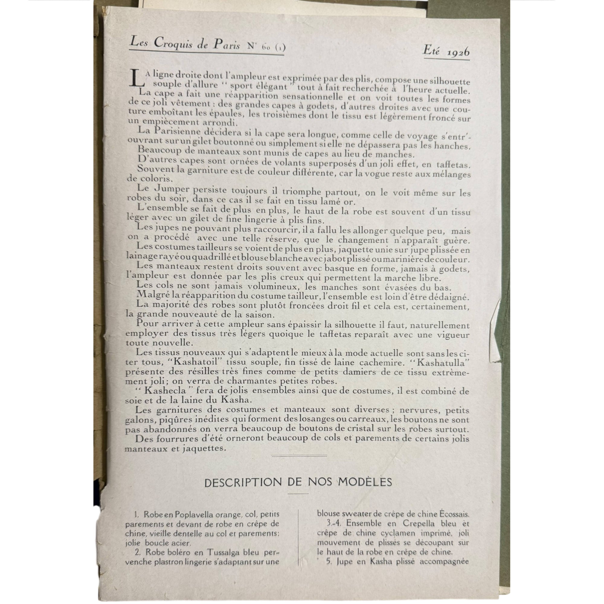 1926 Paris Fashion Sketches 19 Colour Lithograph Plates w Description Sheet