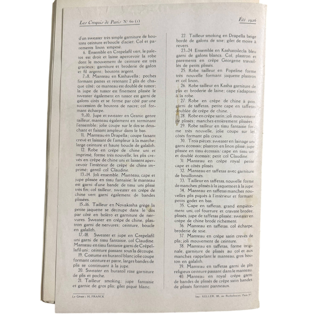 1926 Paris Fashion Sketches 19 Colour Lithograph Plates w Description Sheet