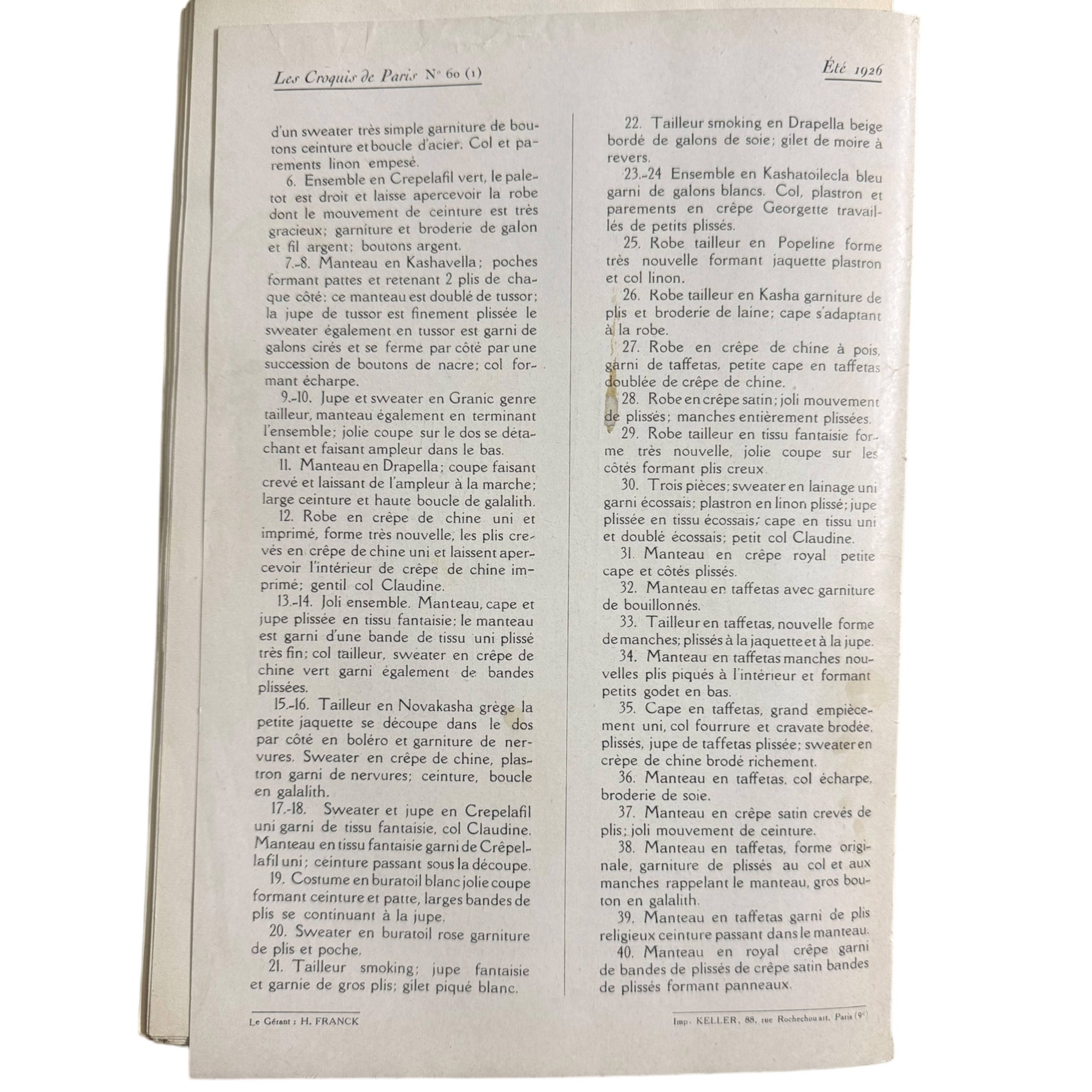 1926 Paris Fashion Sketches 19 Colour Lithograph Plates w Description Sheet