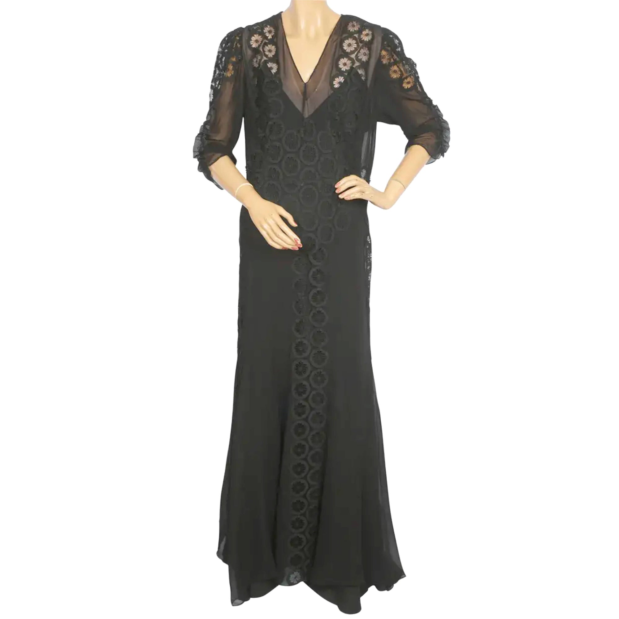Vintage 1930s Evening Gown Black Silk Chiffon & Lace Dress L