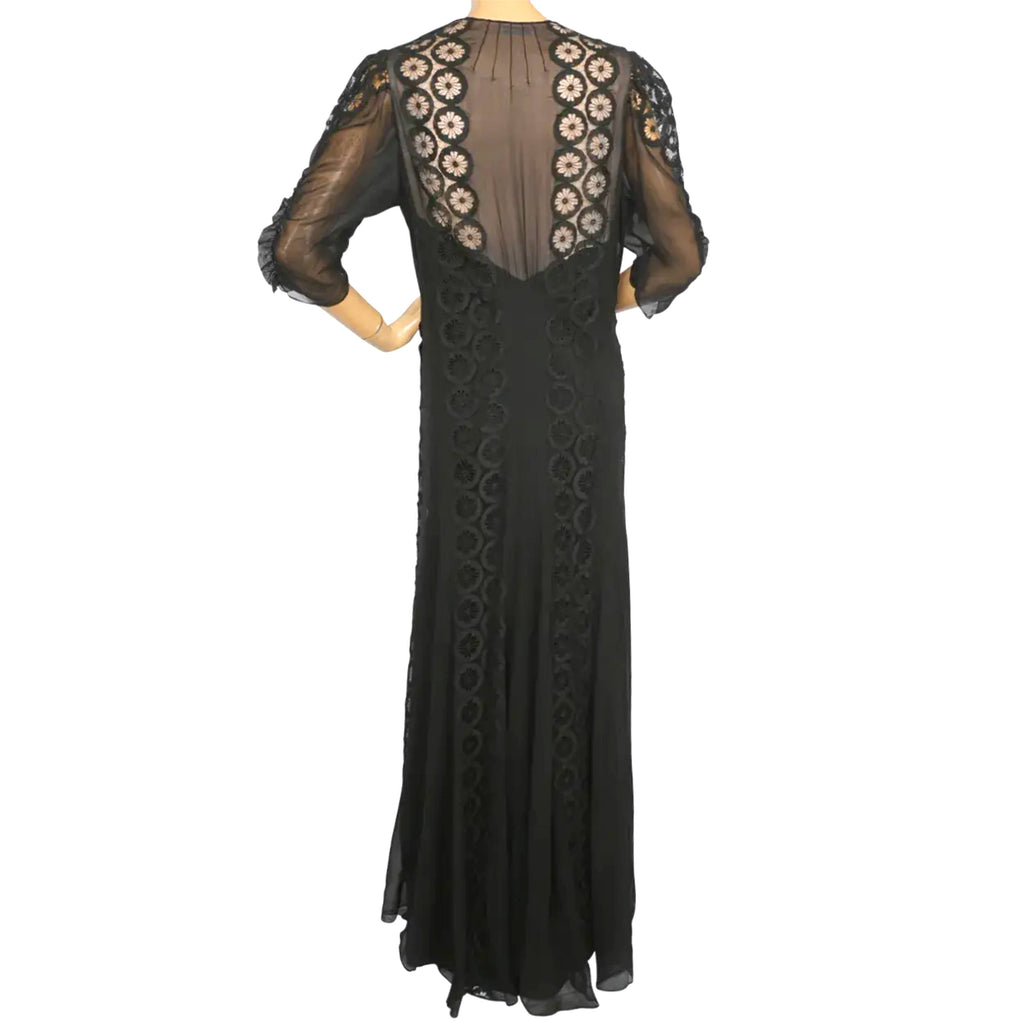 Vintage 1930s Evening Gown Black Silk Chiffon & Lace Dress L