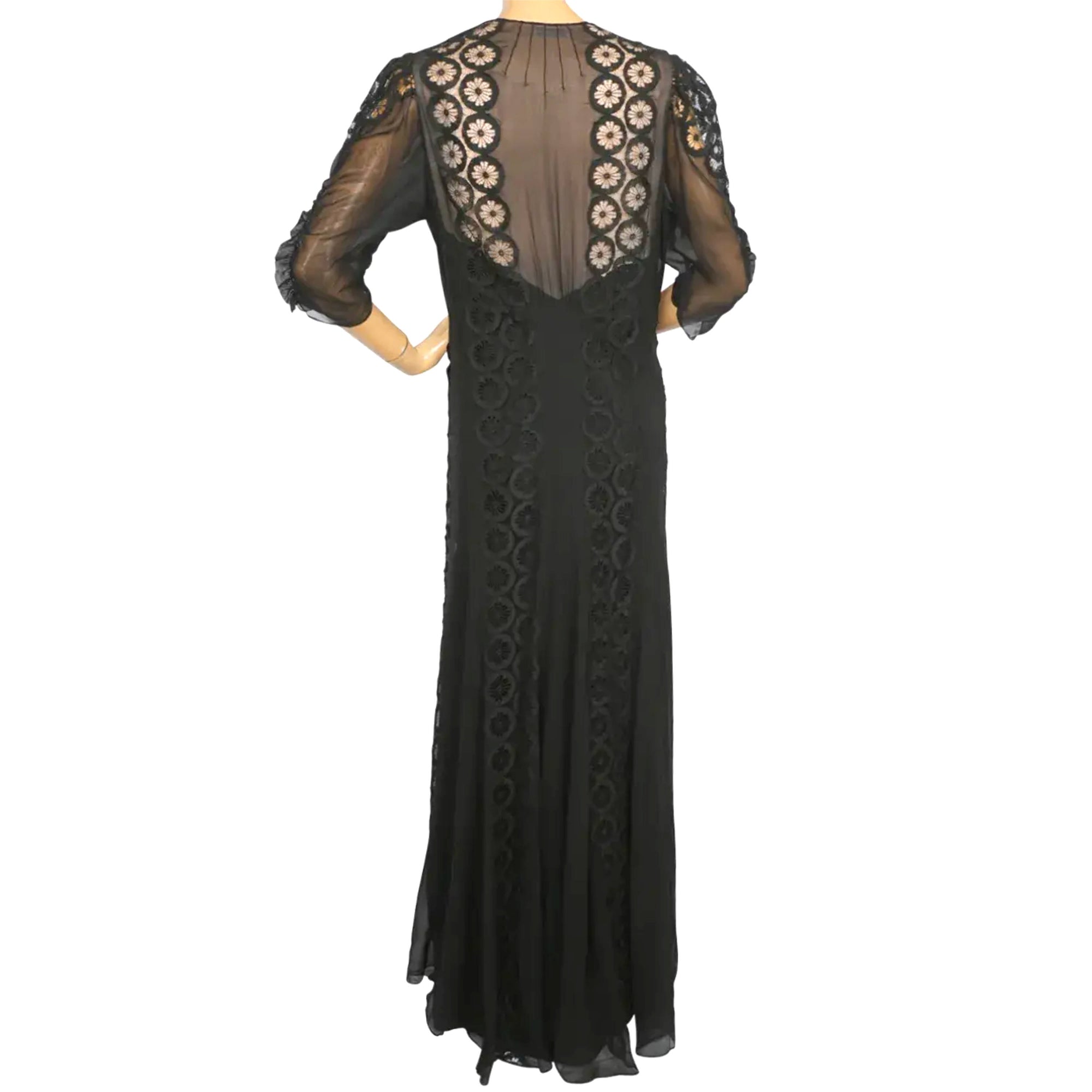 Vintage 1930s Evening Gown Black Silk Chiffon & Lace Dress L
