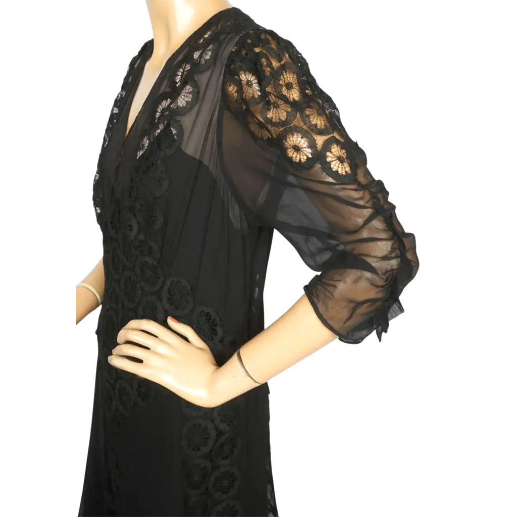Vintage 1930s Evening Gown Black Silk Chiffon & Lace Dress L