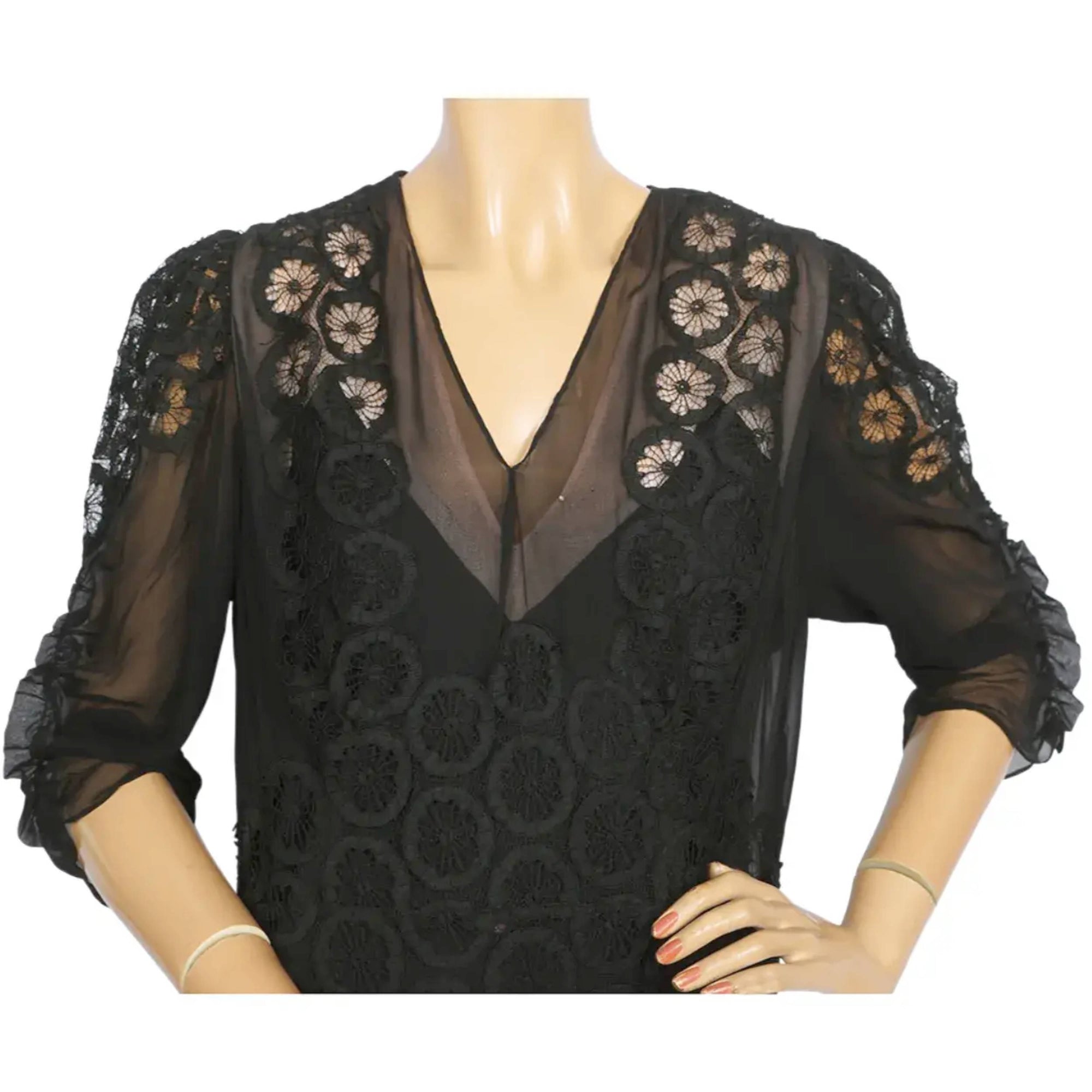 Vintage 1930s Evening Gown Black Silk Chiffon & Lace Dress L