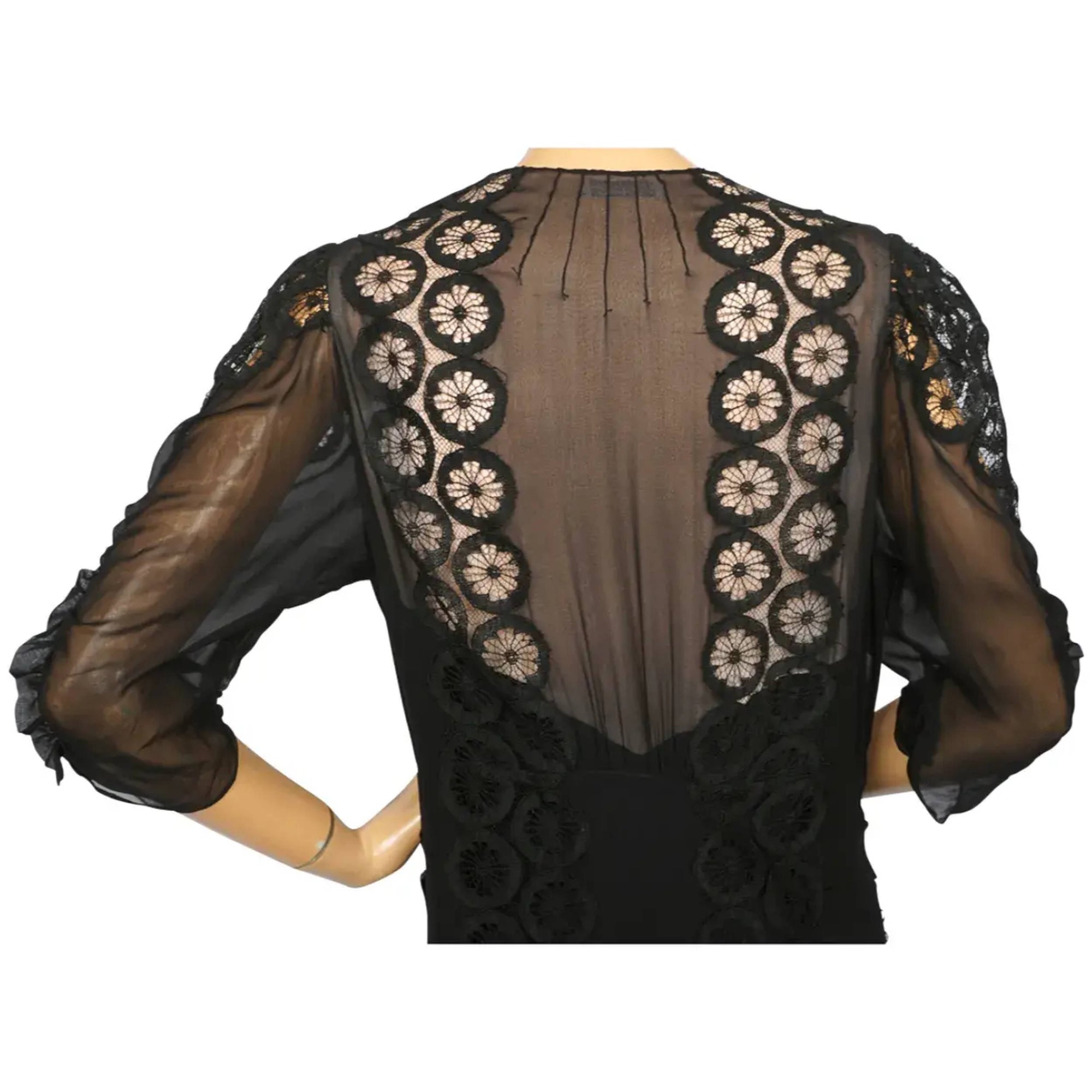 Vintage 1930s Evening Gown Black Silk Chiffon & Lace Dress L