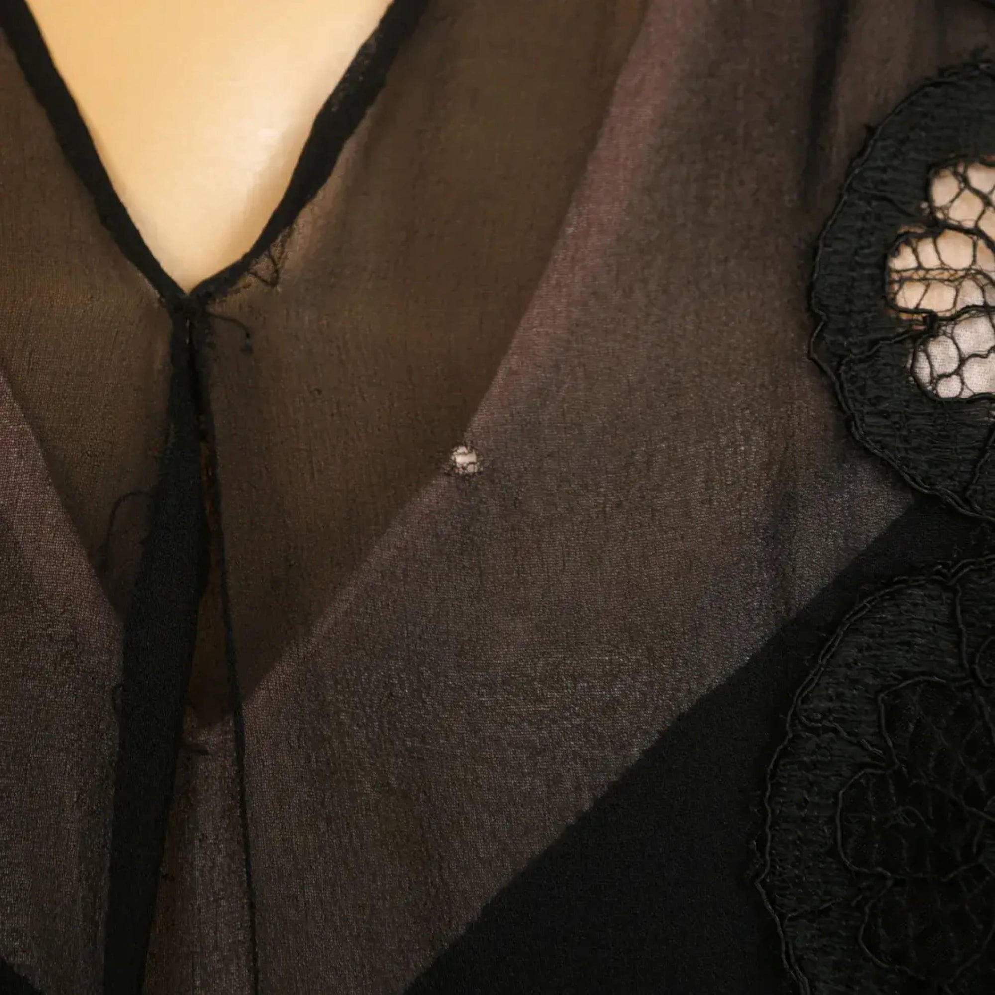 Vintage 1930s Evening Gown Black Silk Chiffon & Lace Dress L