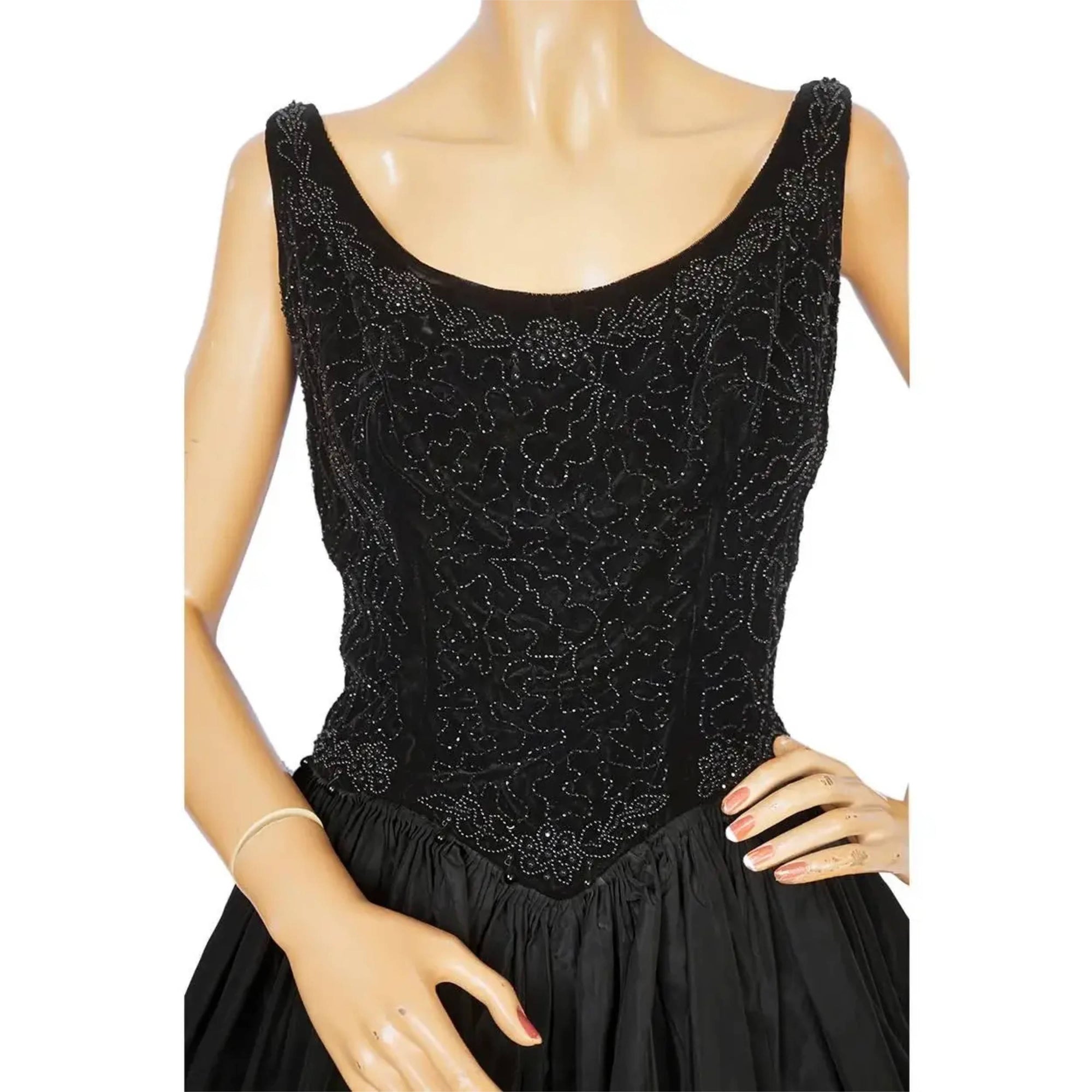 Vintage 1950s Party Dress Beaded Velvet w Taffeta Skirt Sz M
