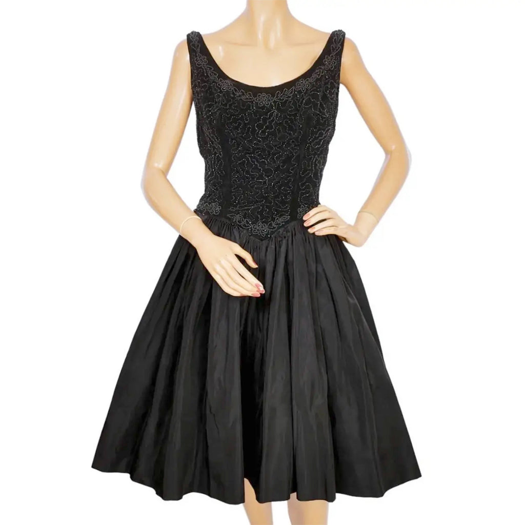Vintage 1950s Party Dress Beaded Velvet w Taffeta Skirt Sz M