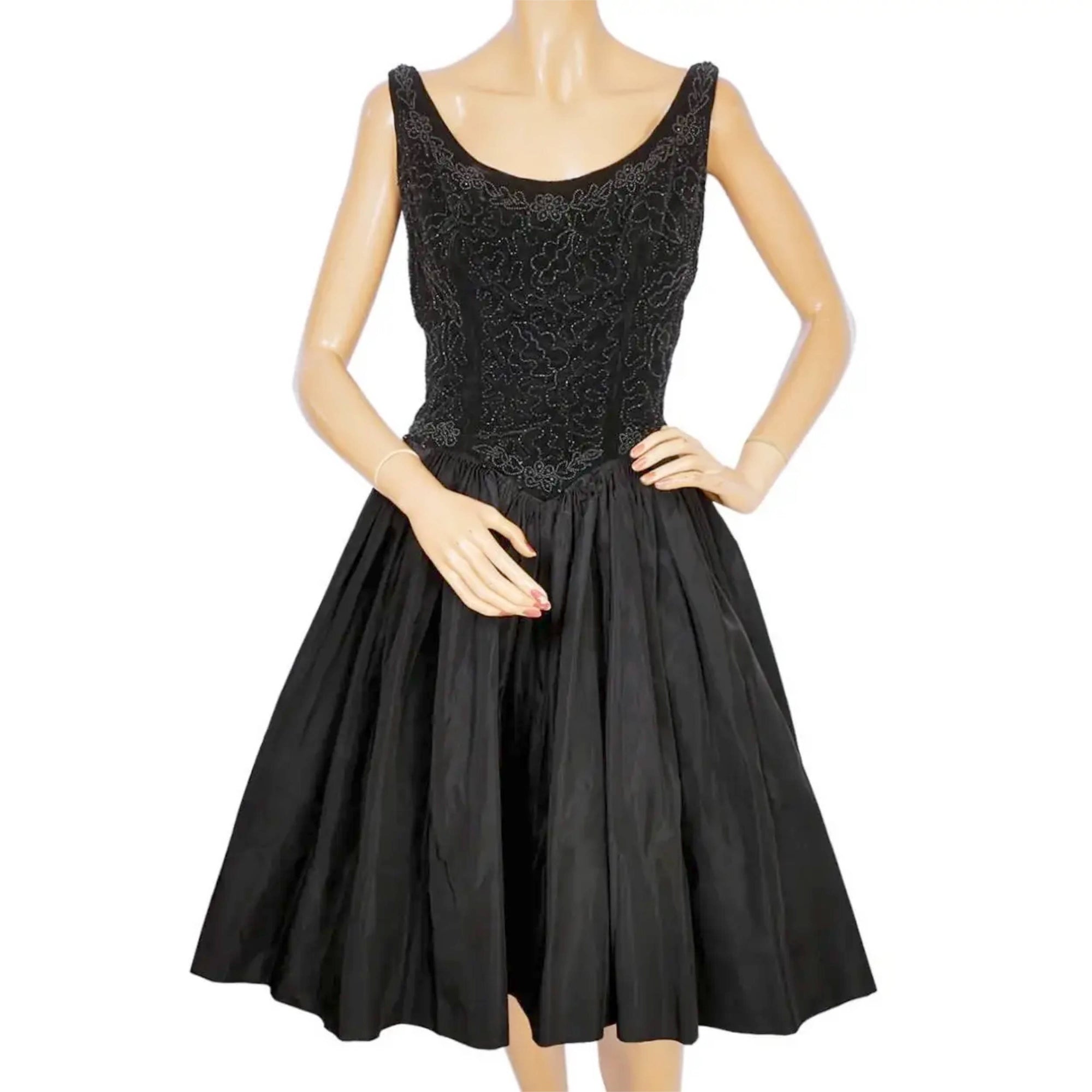 Vintage 1950s Party Dress Beaded Velvet w Taffeta Skirt Sz M