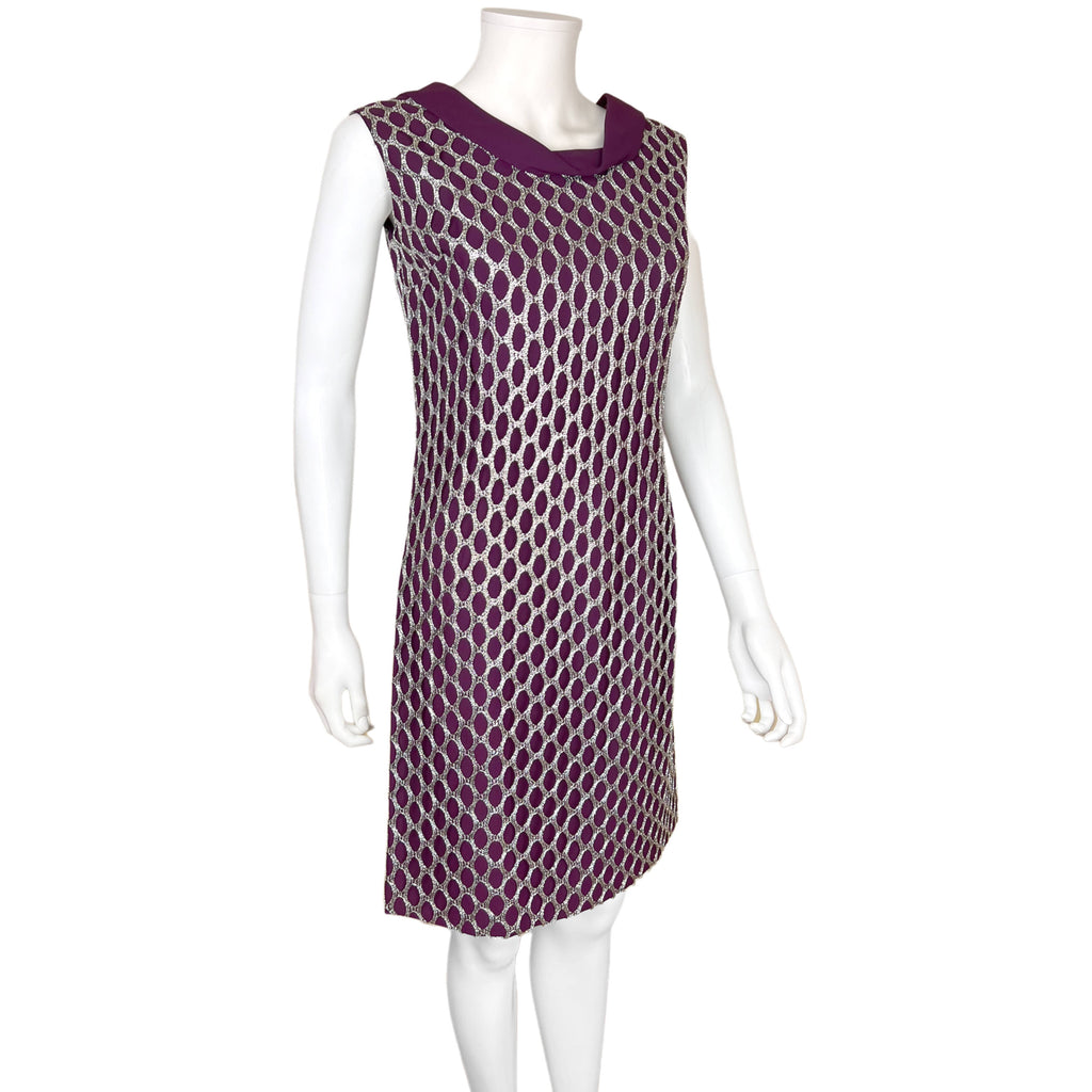 Vintage 1960s Futuristic Dress Silver Lace Over Purple Sz M