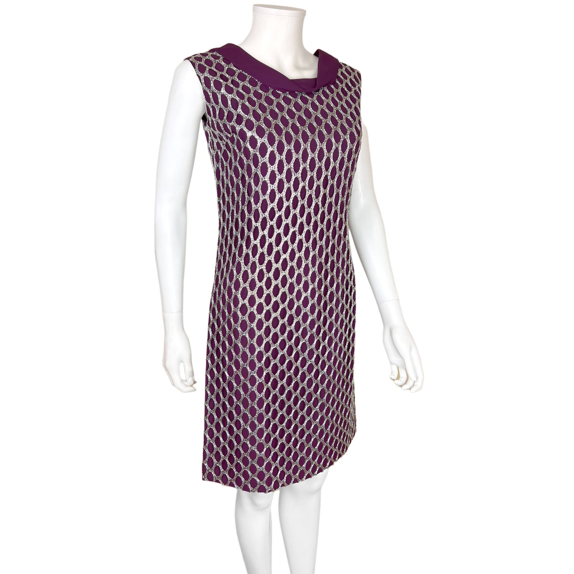 Vintage 1960s Futuristic Dress Silver Lace Over Purple Sz M