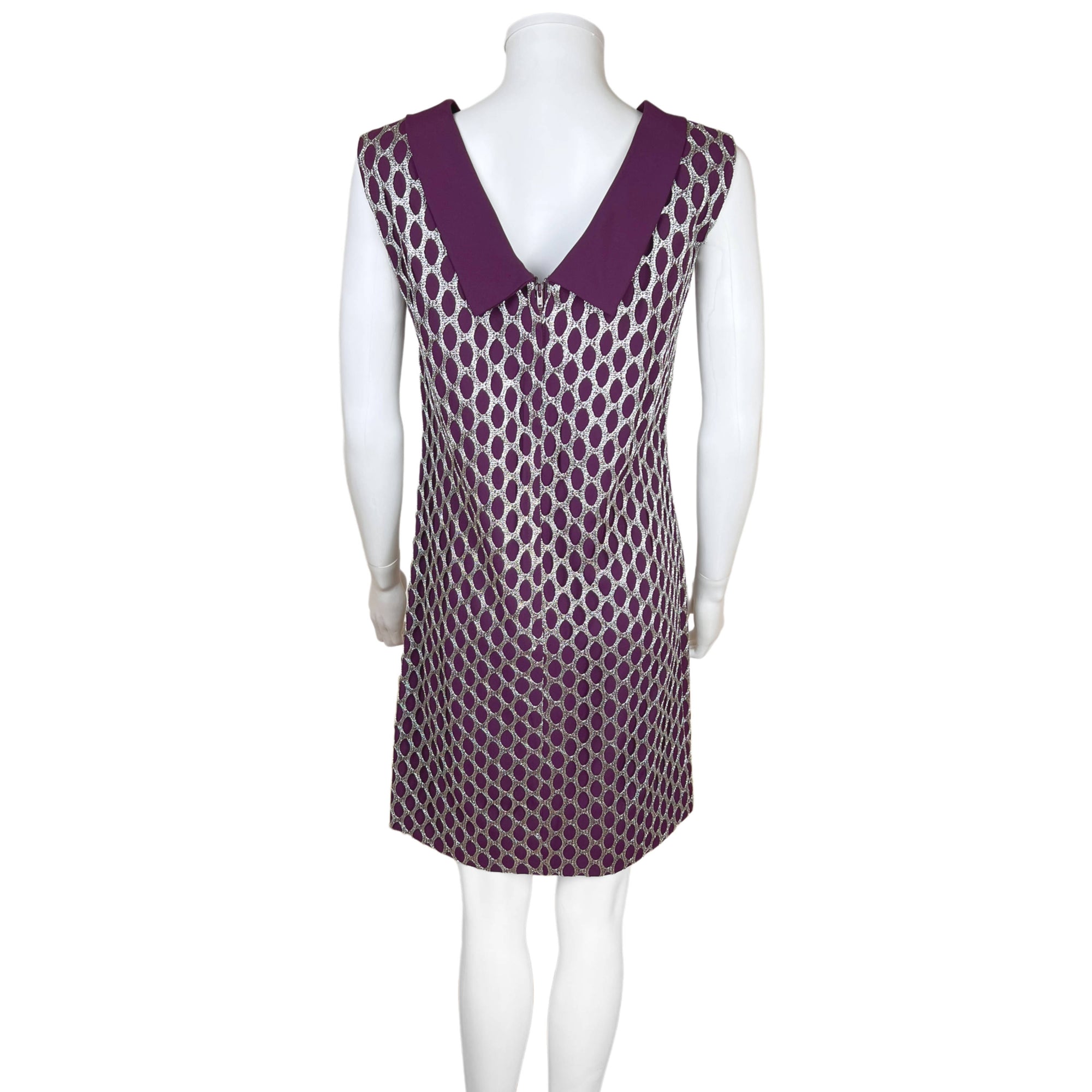 Vintage 1960s Futuristic Dress Silver Lace Over Purple Sz M