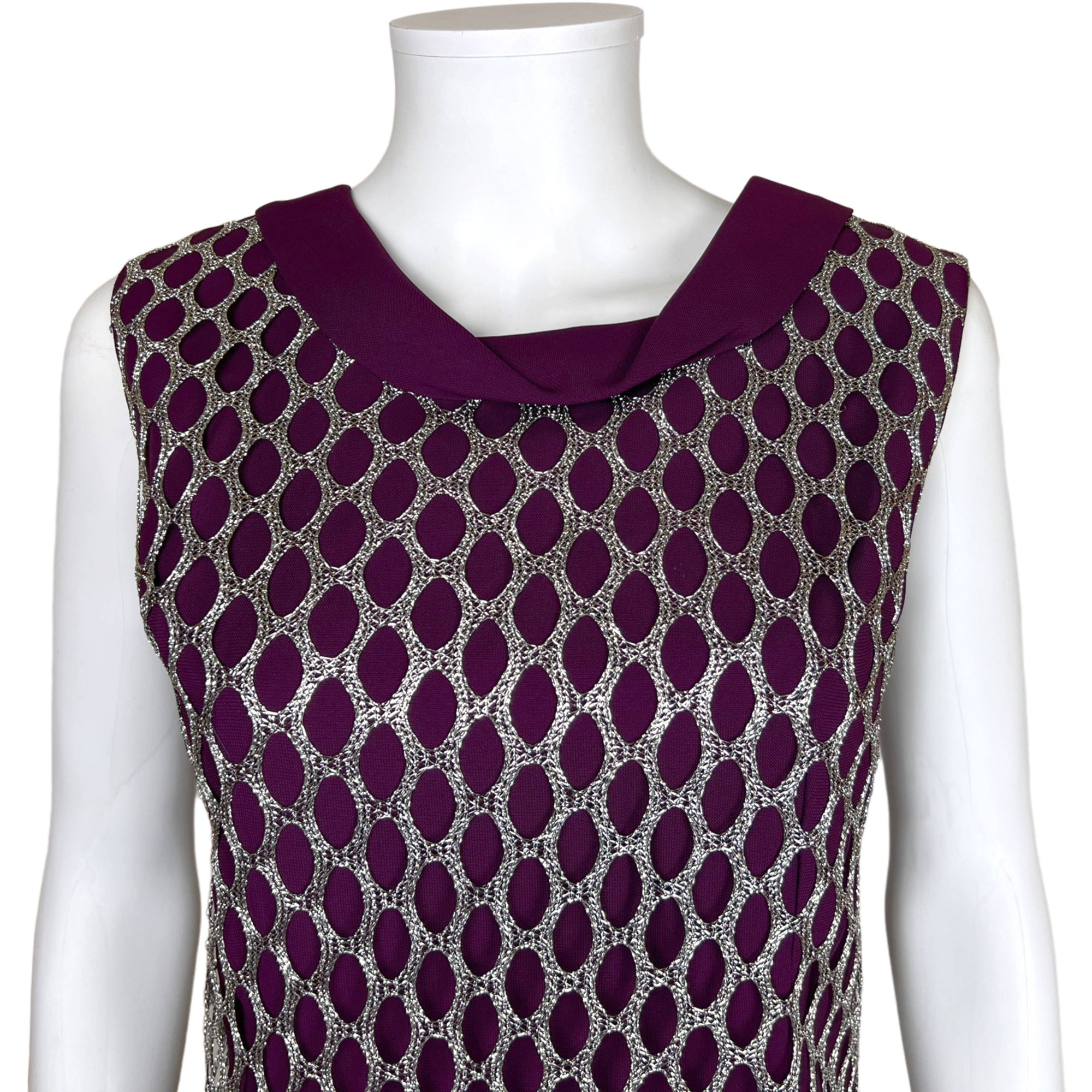 Vintage 1960s Futuristic Dress Silver Lace Over Purple Sz M