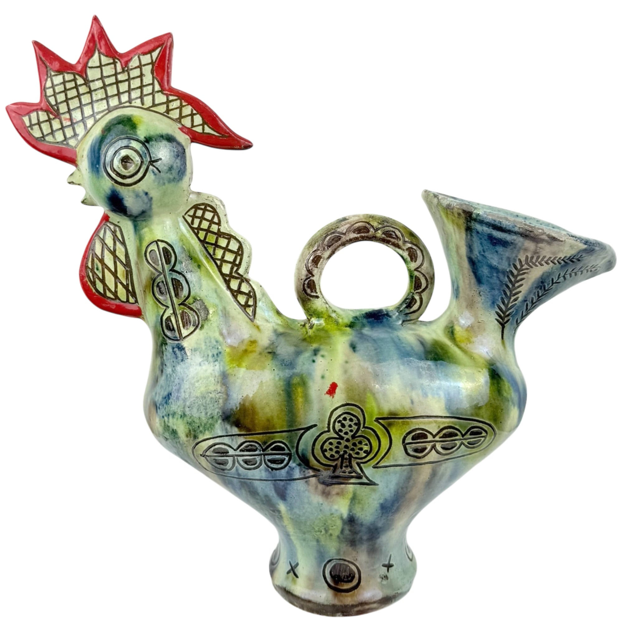 Vintage Spanish Rooster Pitcher Hand Painted Figural Jug 13"