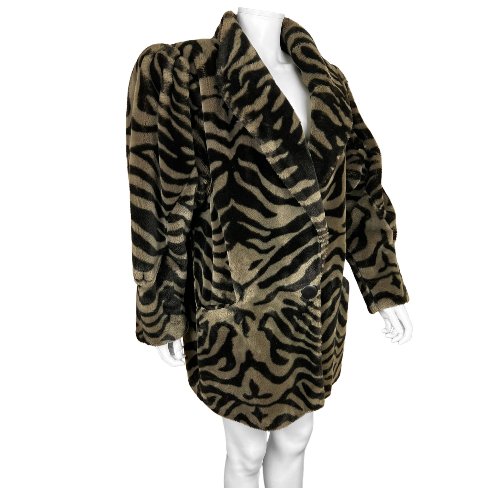 1980s Vintage Faux Fur Jacket Coat Tiger Stripe Ladies Sz 10