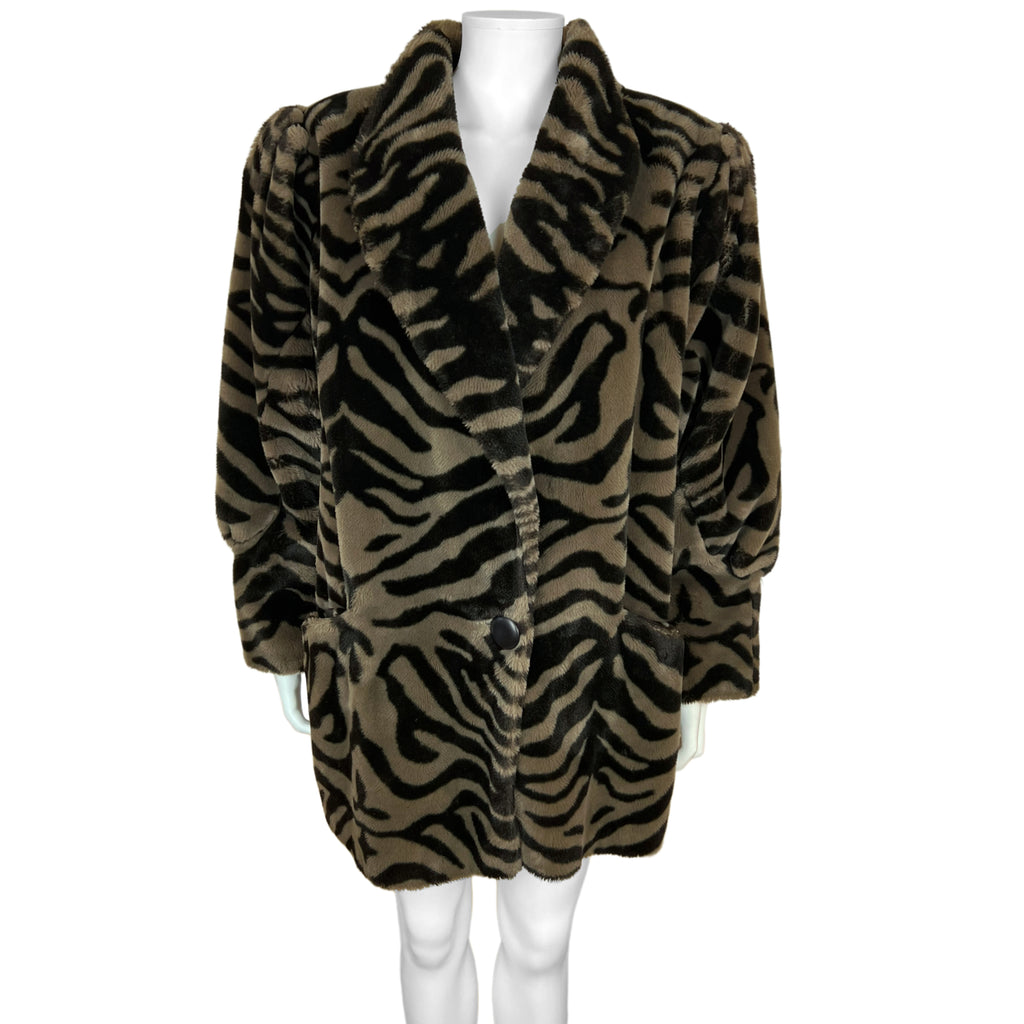 1980s Vintage Faux Fur Jacket Coat Tiger Stripe Ladies Sz 10