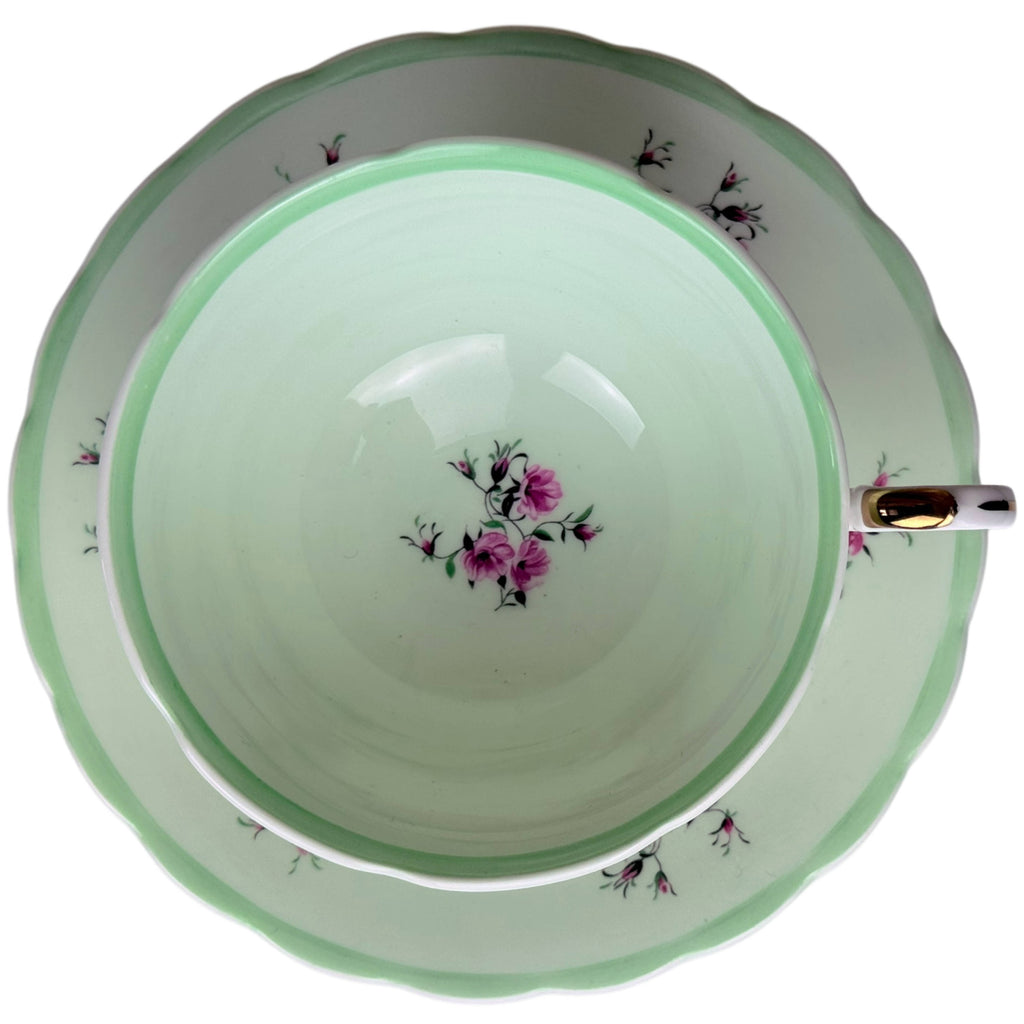 Vintage 1940s 50s Susie Cooper Bone China Teacup & Saucer – Green Floral, England