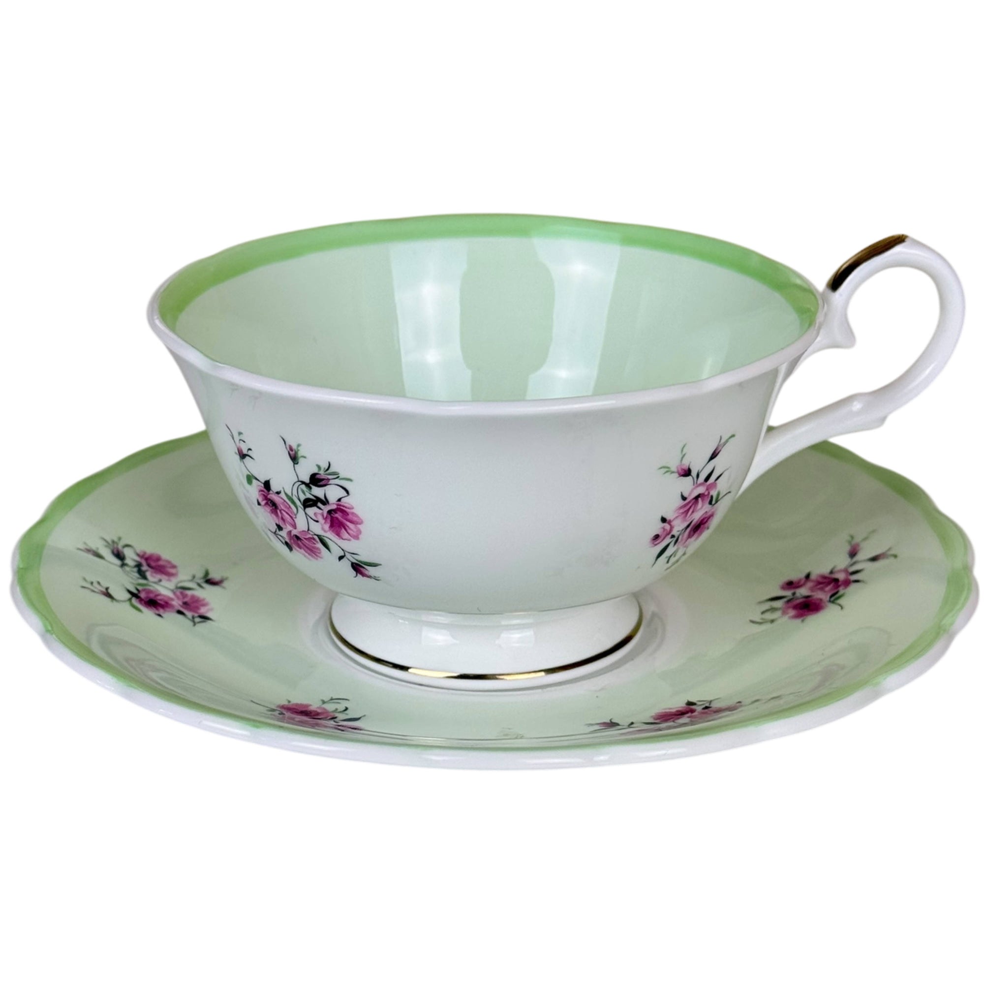Vintage 1940s 50s Susie Cooper Bone China Teacup & Saucer – Green Floral, England