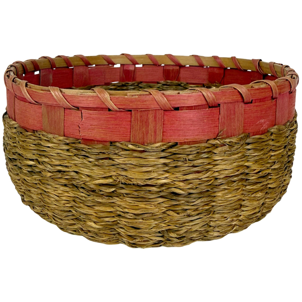 Detail of braided sweetgrass and red dyed ash splint weaving