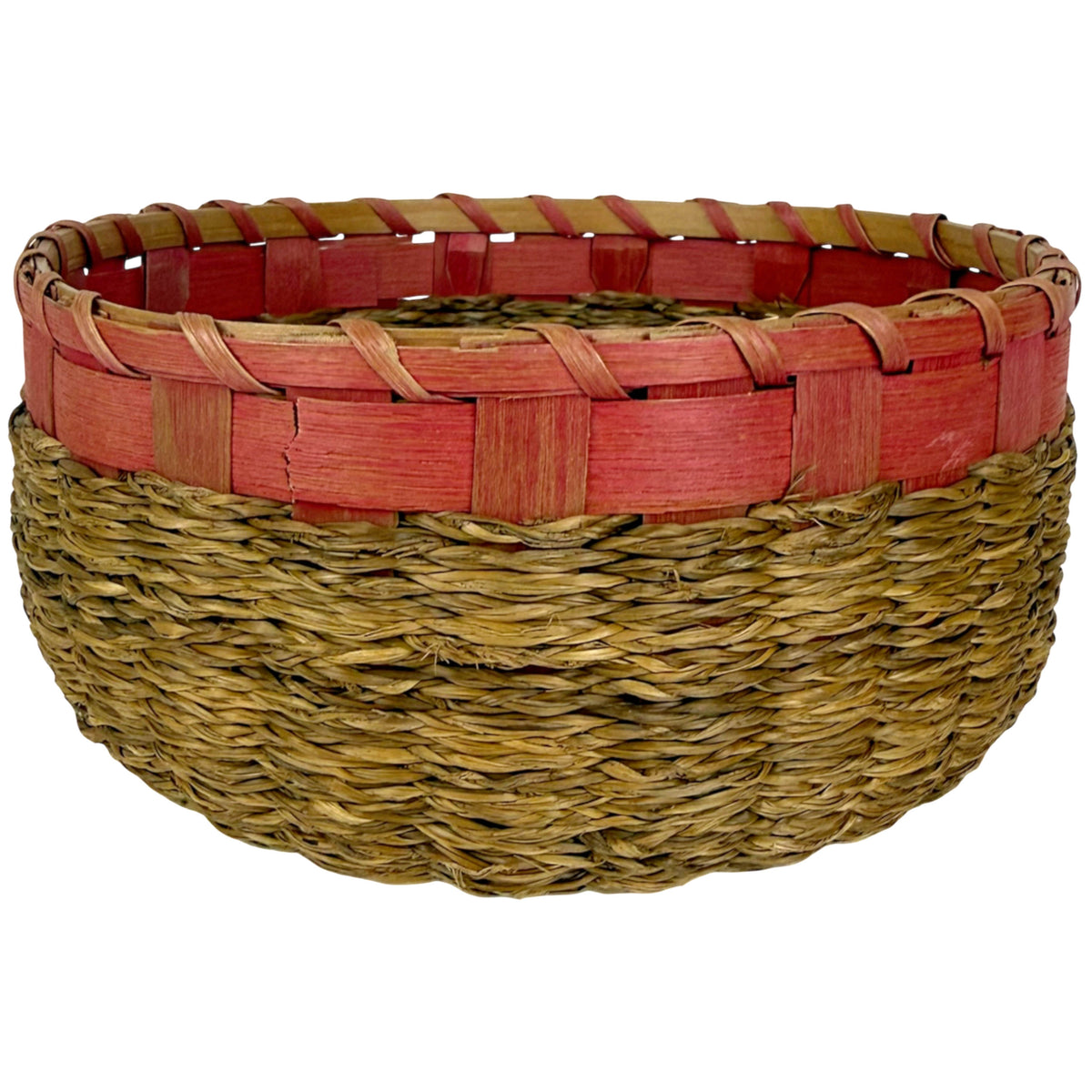 Detail of braided sweetgrass and red dyed ash splint weaving