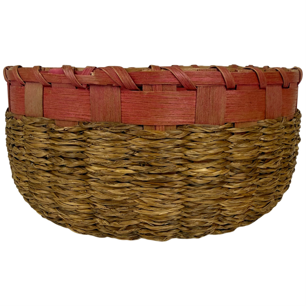 Antique Wabanaki sweetgrass and dyed ash splint basket c1900–1925