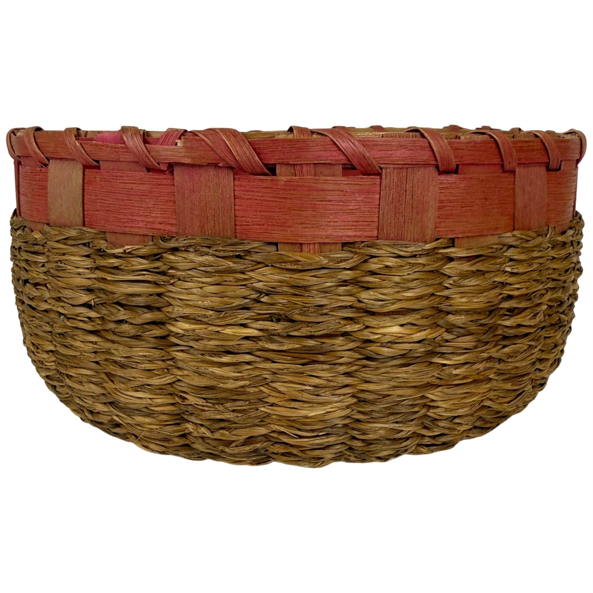 Antique Wabanaki sweetgrass and dyed ash splint basket c1900–1925