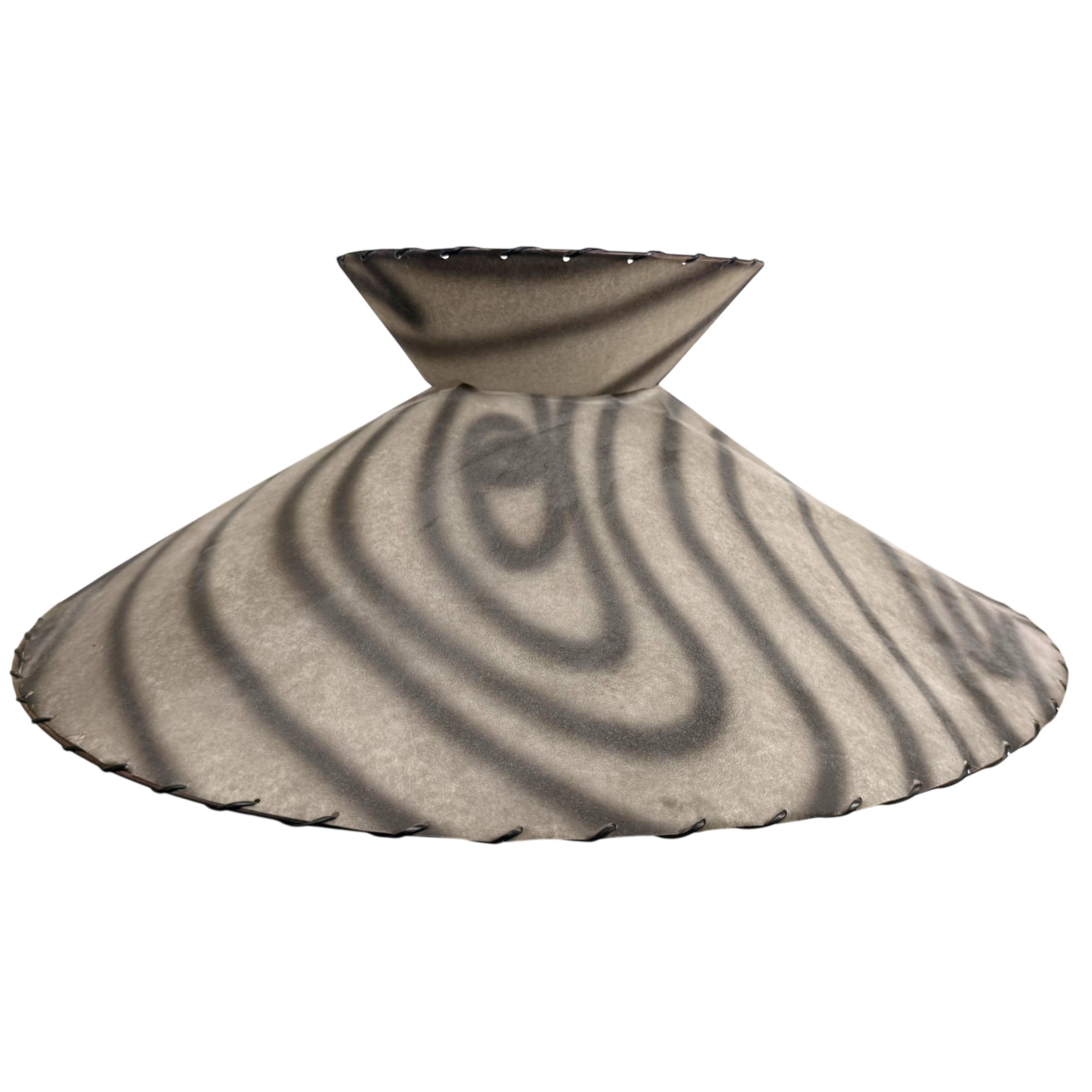 Large vintage fiberglass lamp shade with grey swirl pattern on ivory background, 22 inch diameter, mid century modern style.