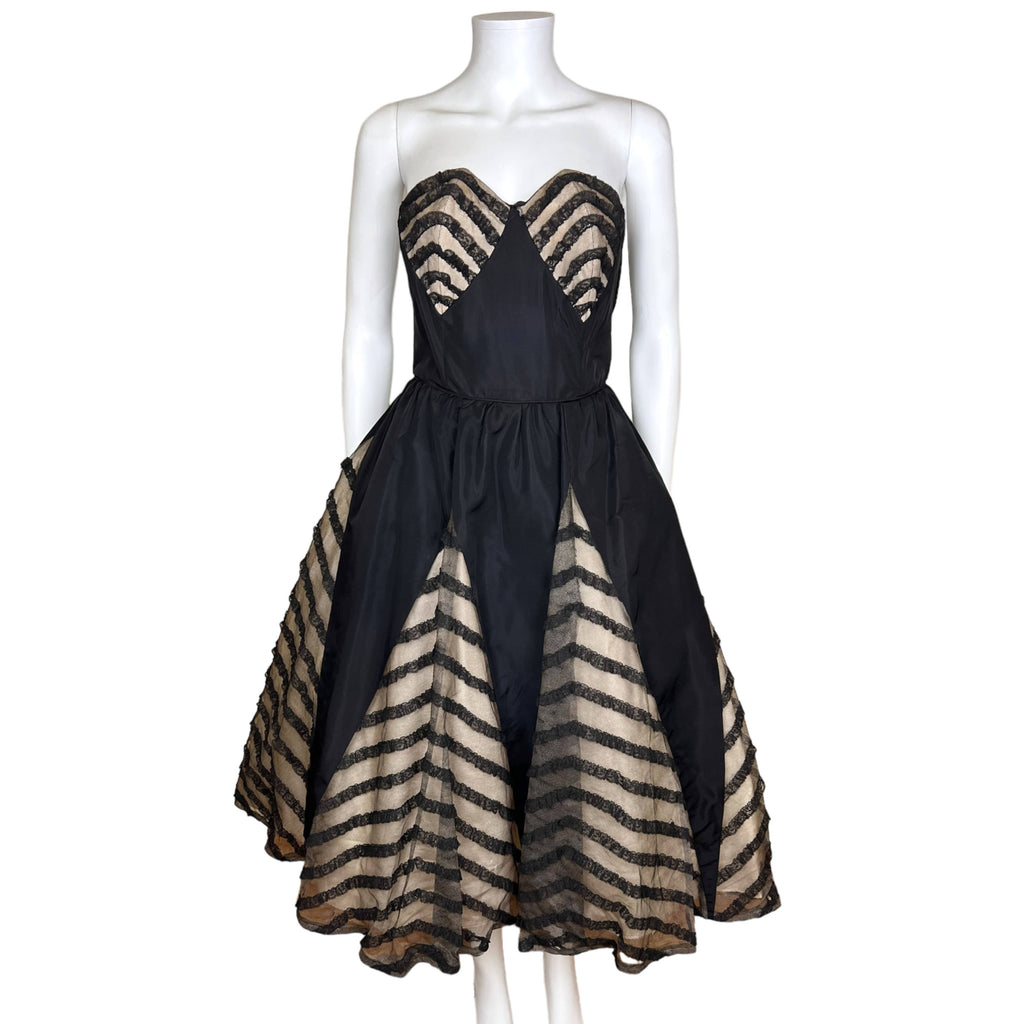 Vintage 1950s Strapless Evening Dress w Lace Net Insets Sz M