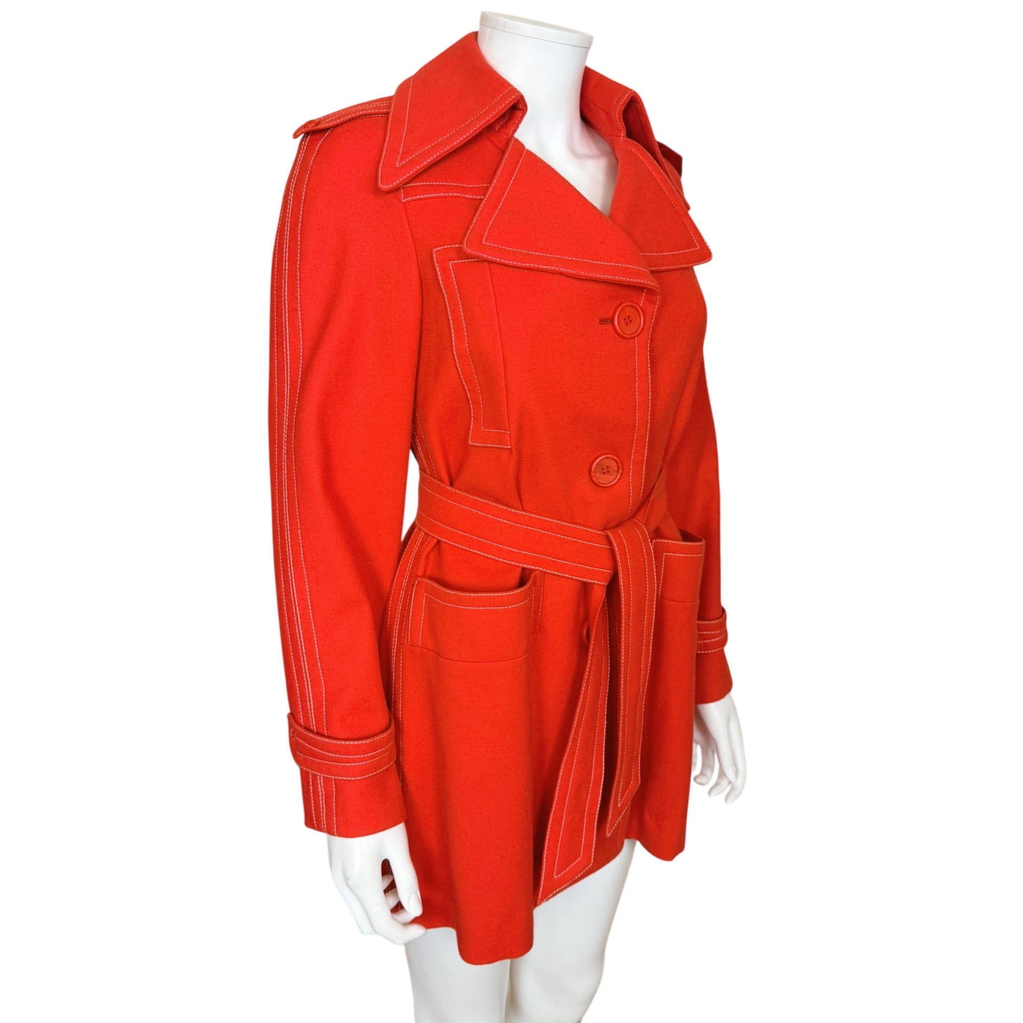 Angled view of vintage 1970s Ted Lapidus Paris red wool belted jacket Exclusive Boutique France
