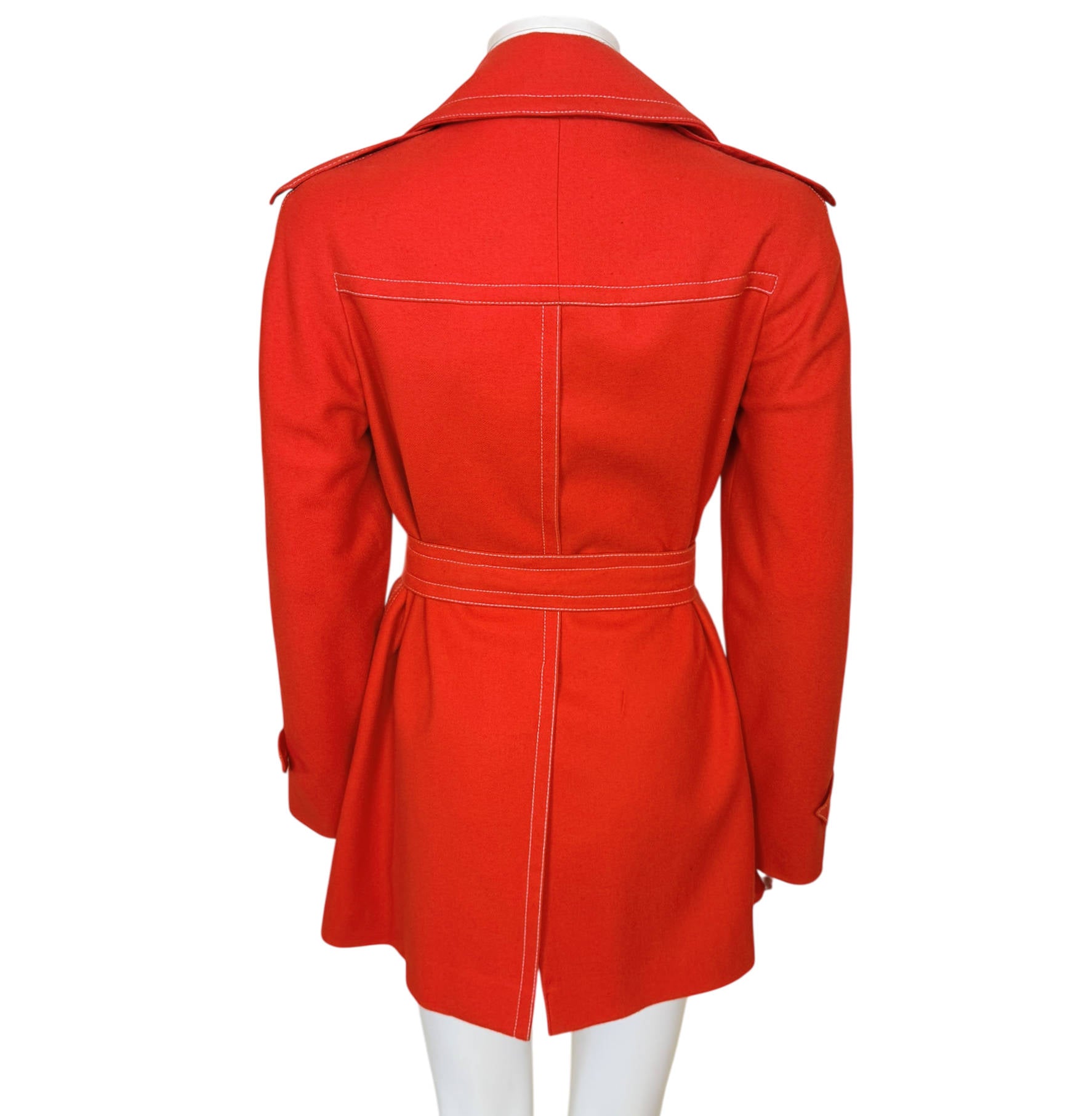 Back view of vintage 1970s Ted Lapidus Paris red wool belted jacket Exclusive Boutique France