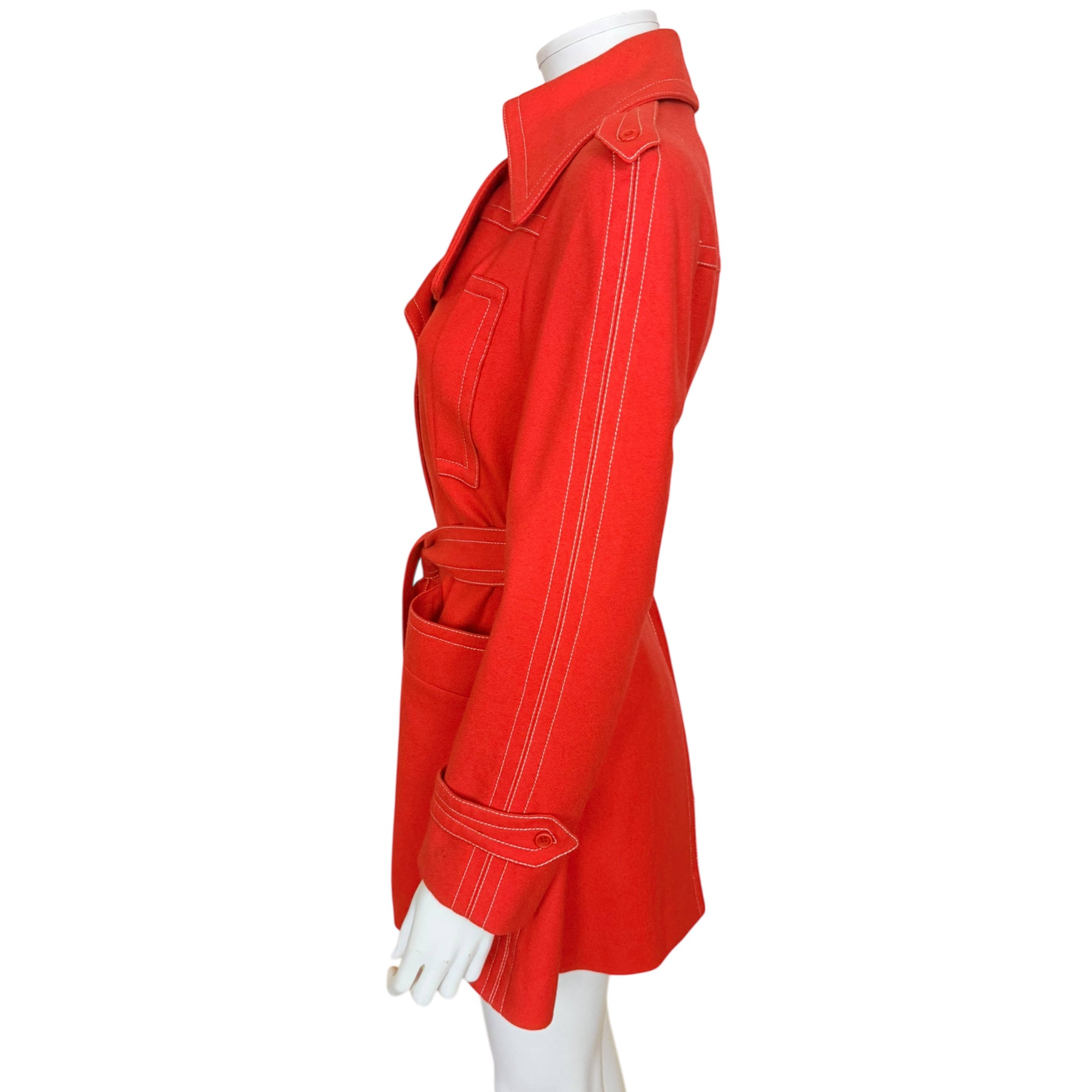 Side view of vintage 1970s Ted Lapidus Paris red wool belted jacket Exclusive Boutique France