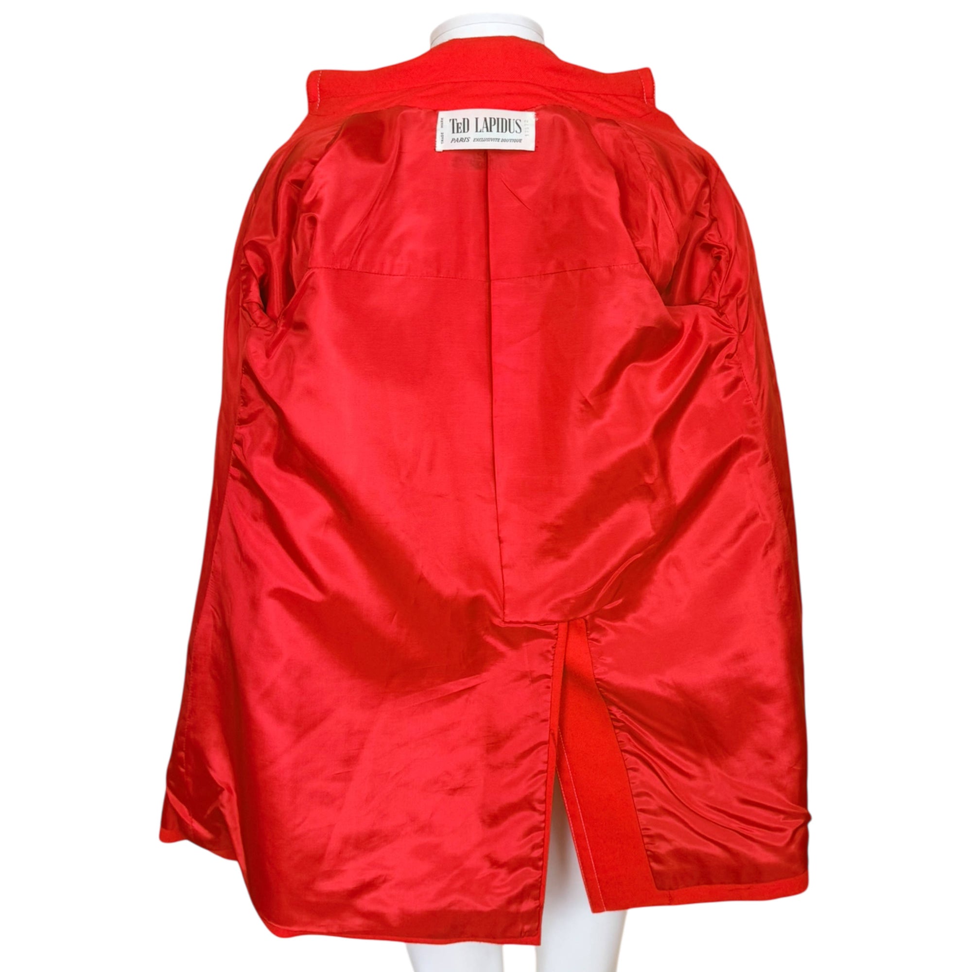 Lining  of vintage 1970s Ted Lapidus Paris red wool belted jacket Exclusive Boutique France