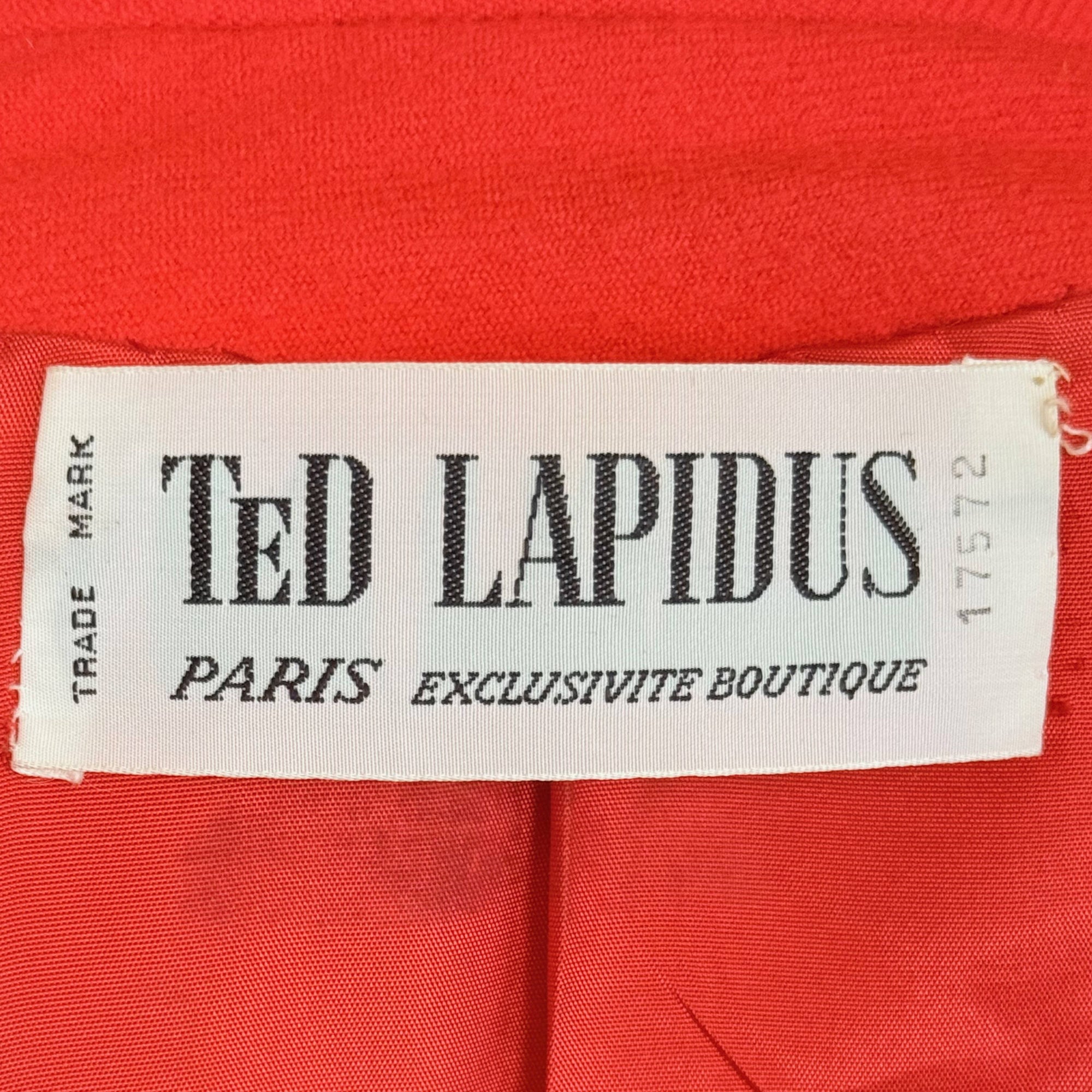 Label on vintage 1970s Ted Lapidus Paris red wool belted jacket Exclusive Boutique France