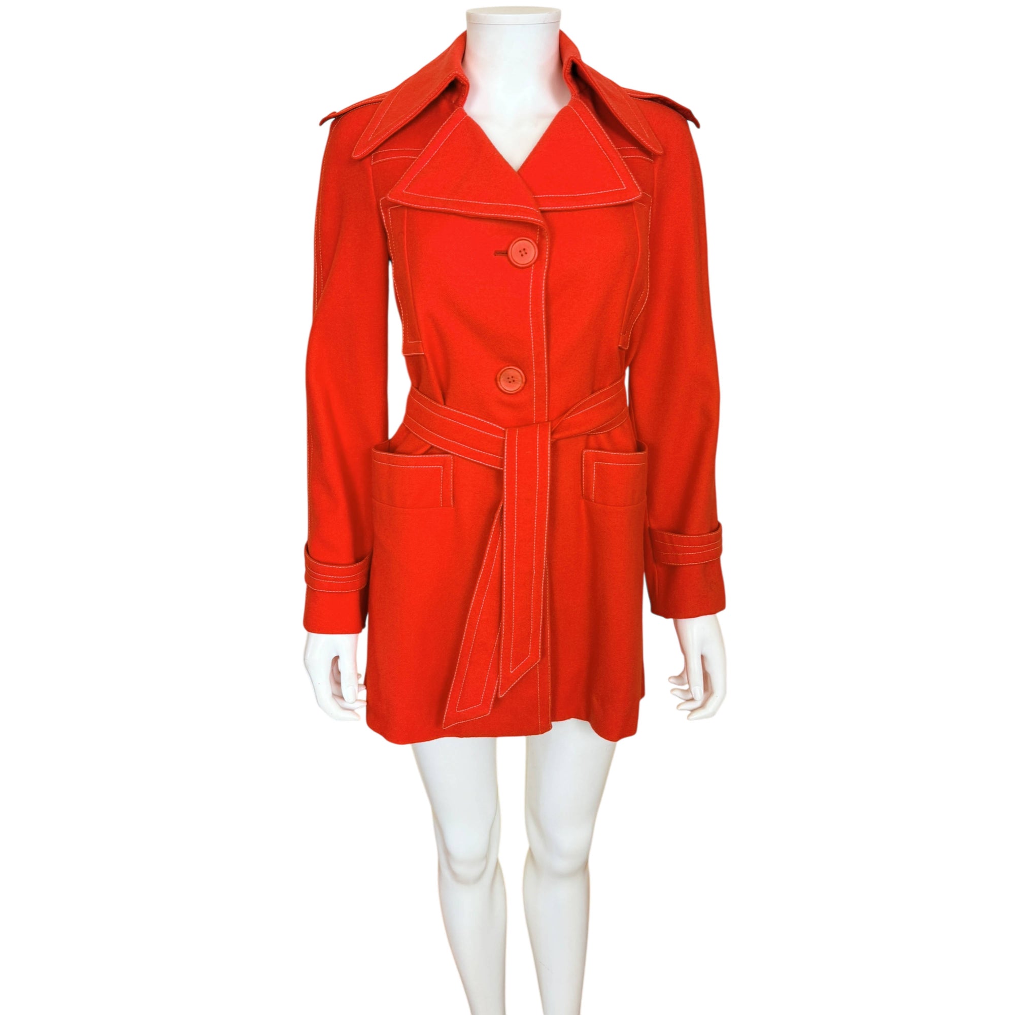 Vintage Ted Lapidus Paris red wool belted jacket Exclusive Boutique France 1970s designer coat
