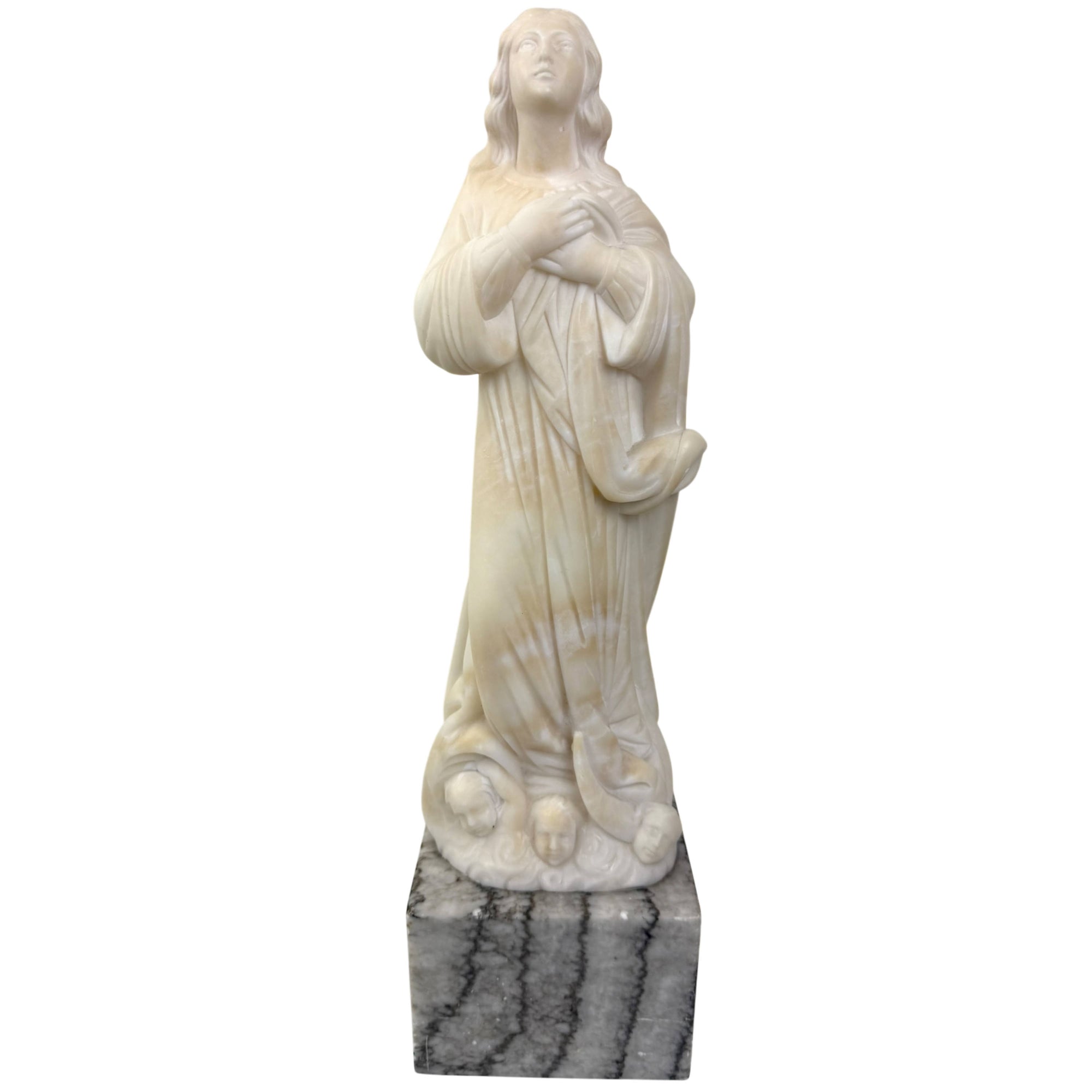 Vintage alabaster Assumption of the Virgin Mary statue on marble base
